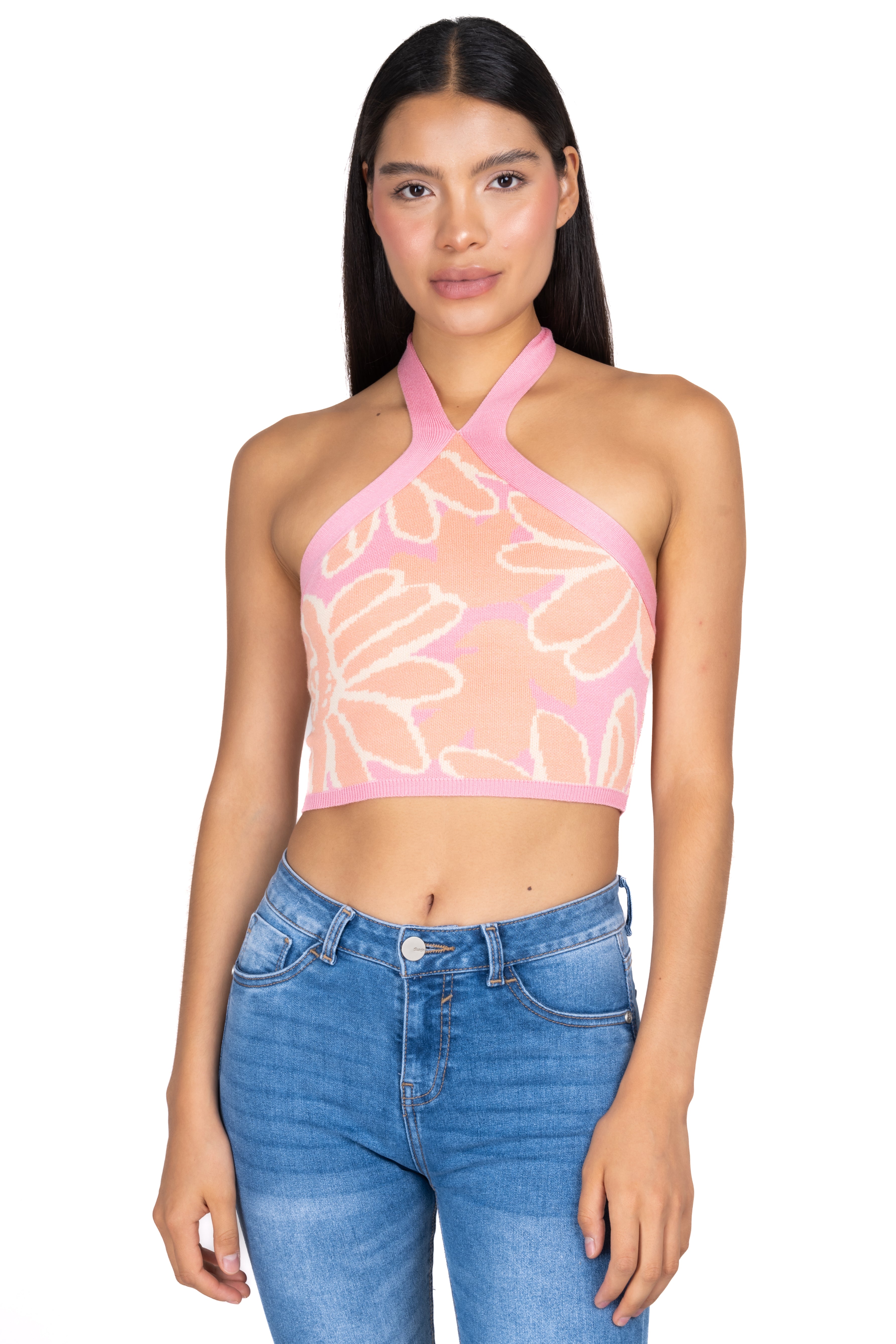 TOP HALTER FLOWER FABRIC PINK COMBO