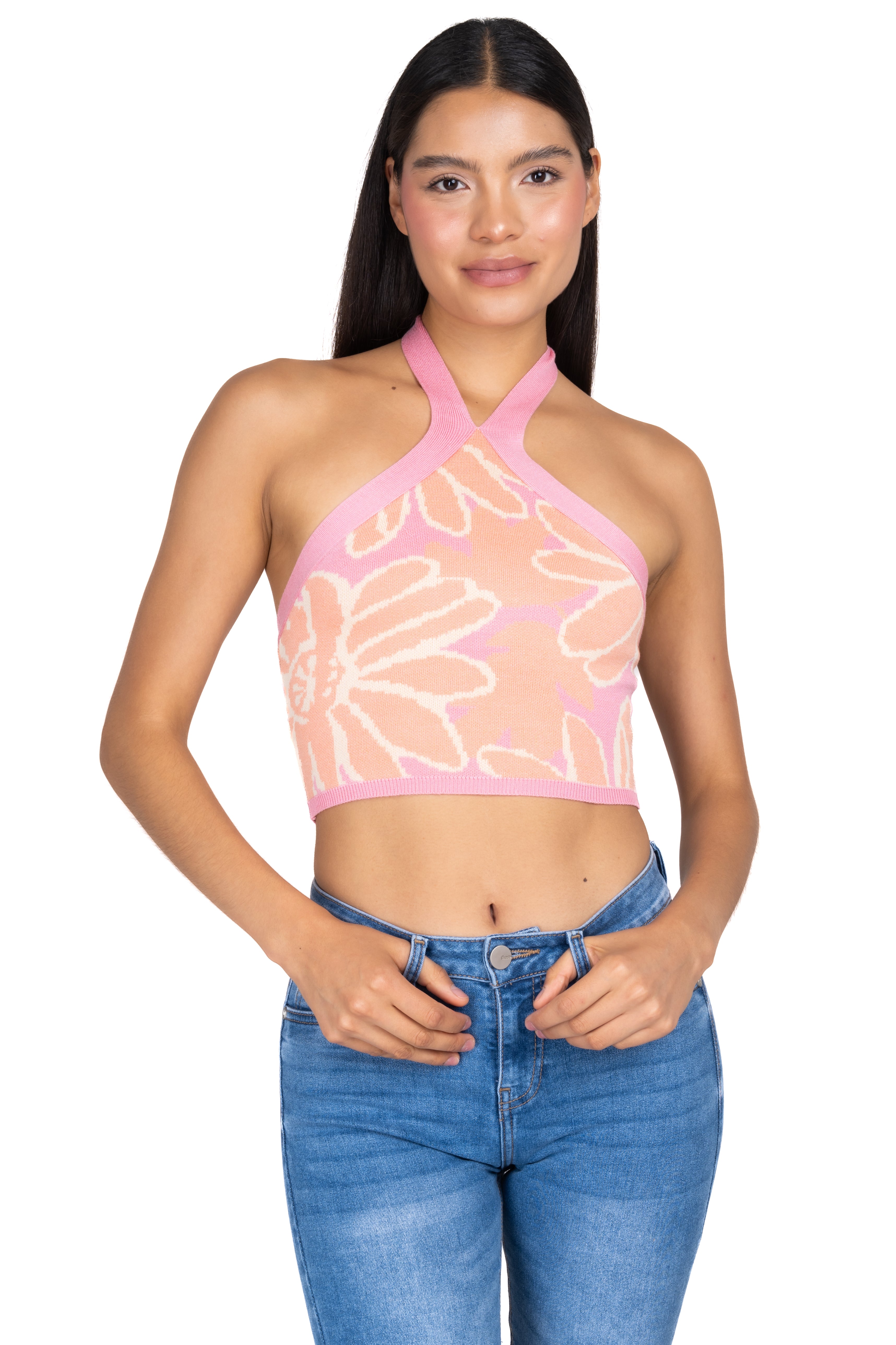 TOP HALTER FLOWER FABRIC PINK COMBO