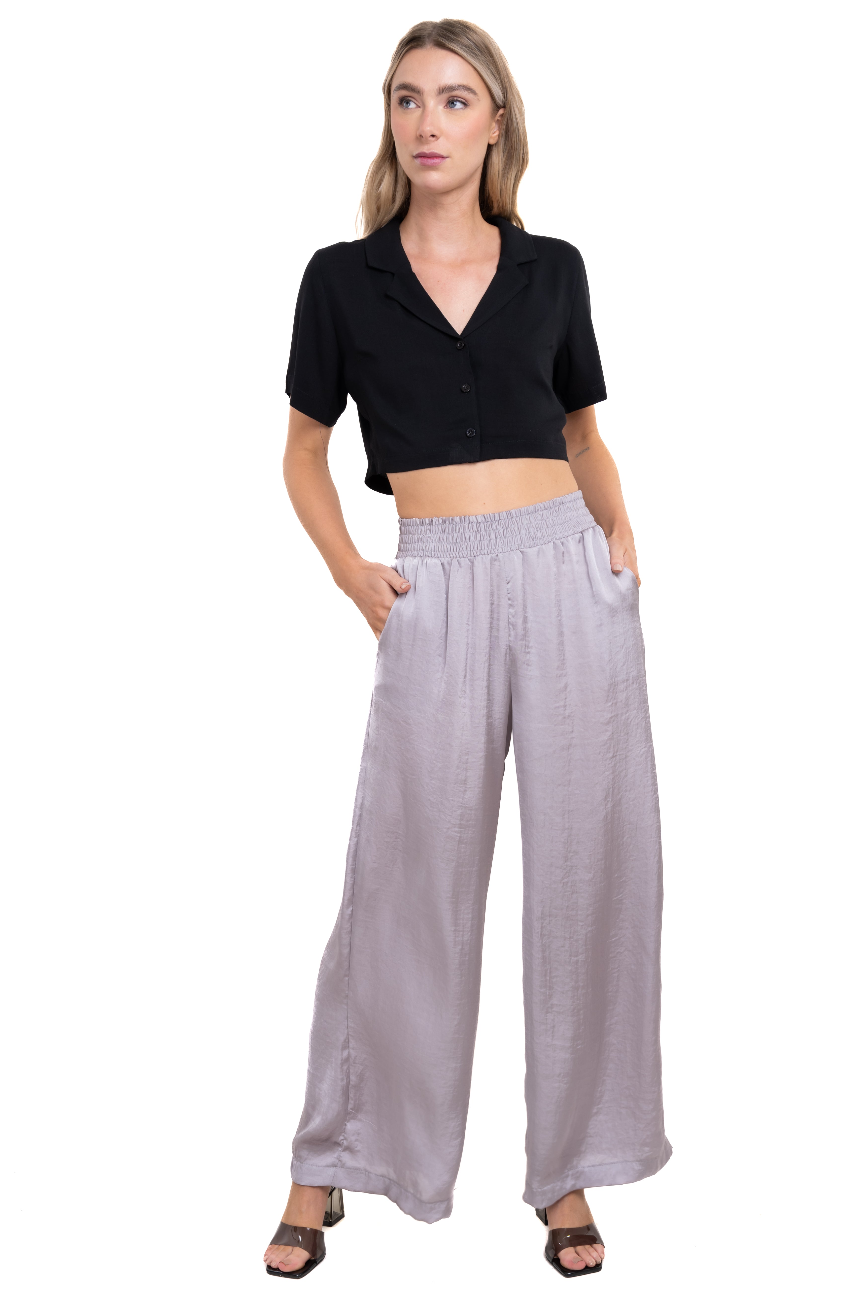 Broad elastic waist pants GREY