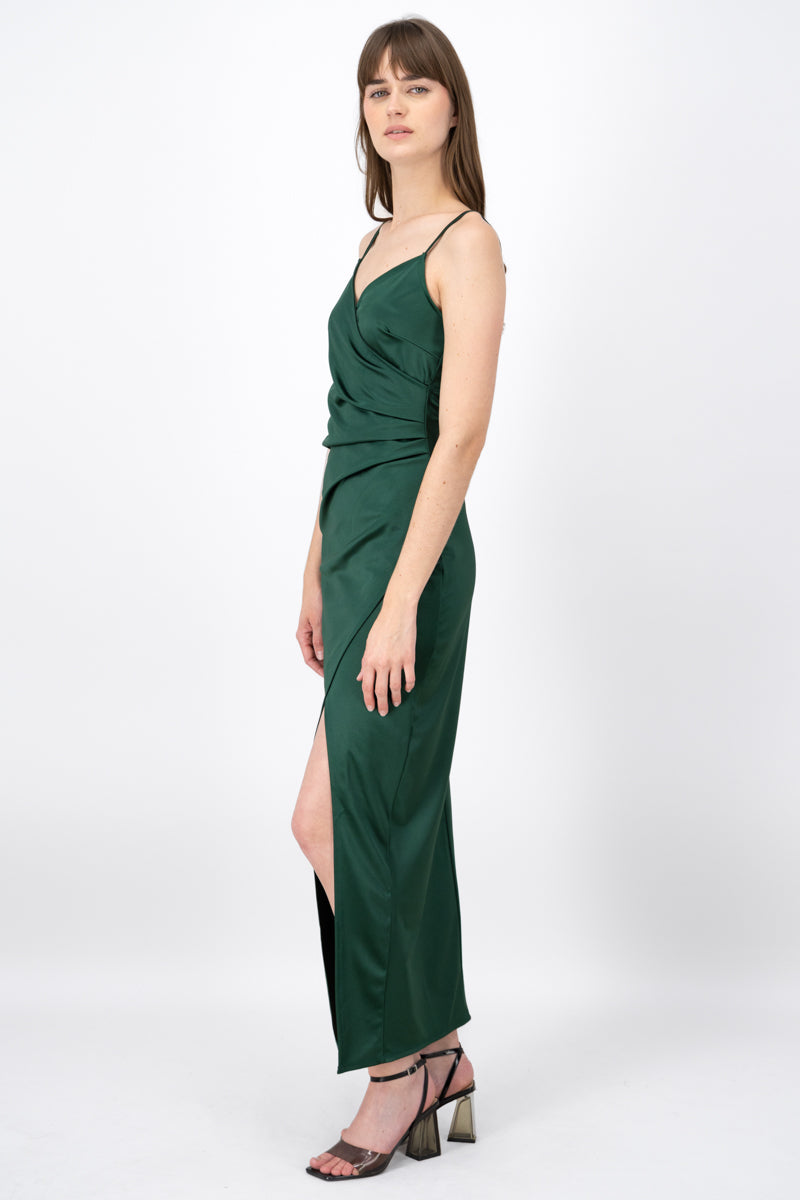 Vestido Maxi Satín Escote Cruzado VERDE CAZADOR