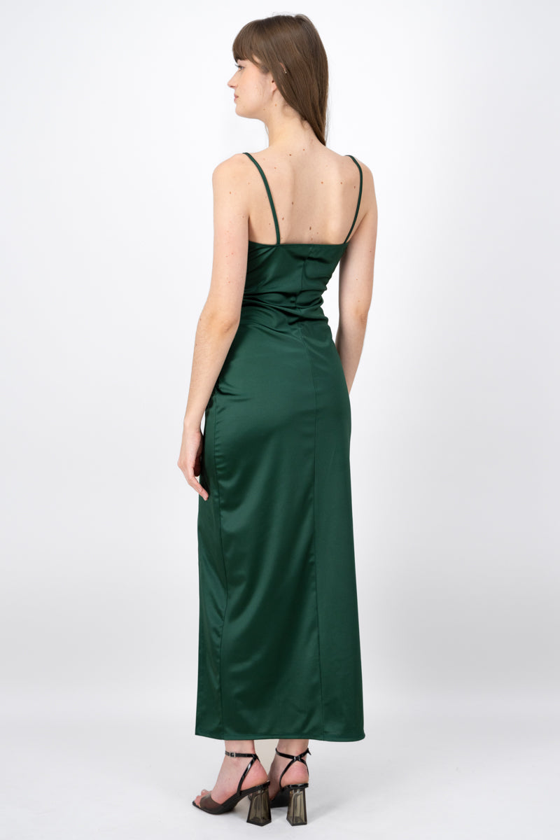 Vestido Maxi Satín Escote Cruzado VERDE CAZADOR