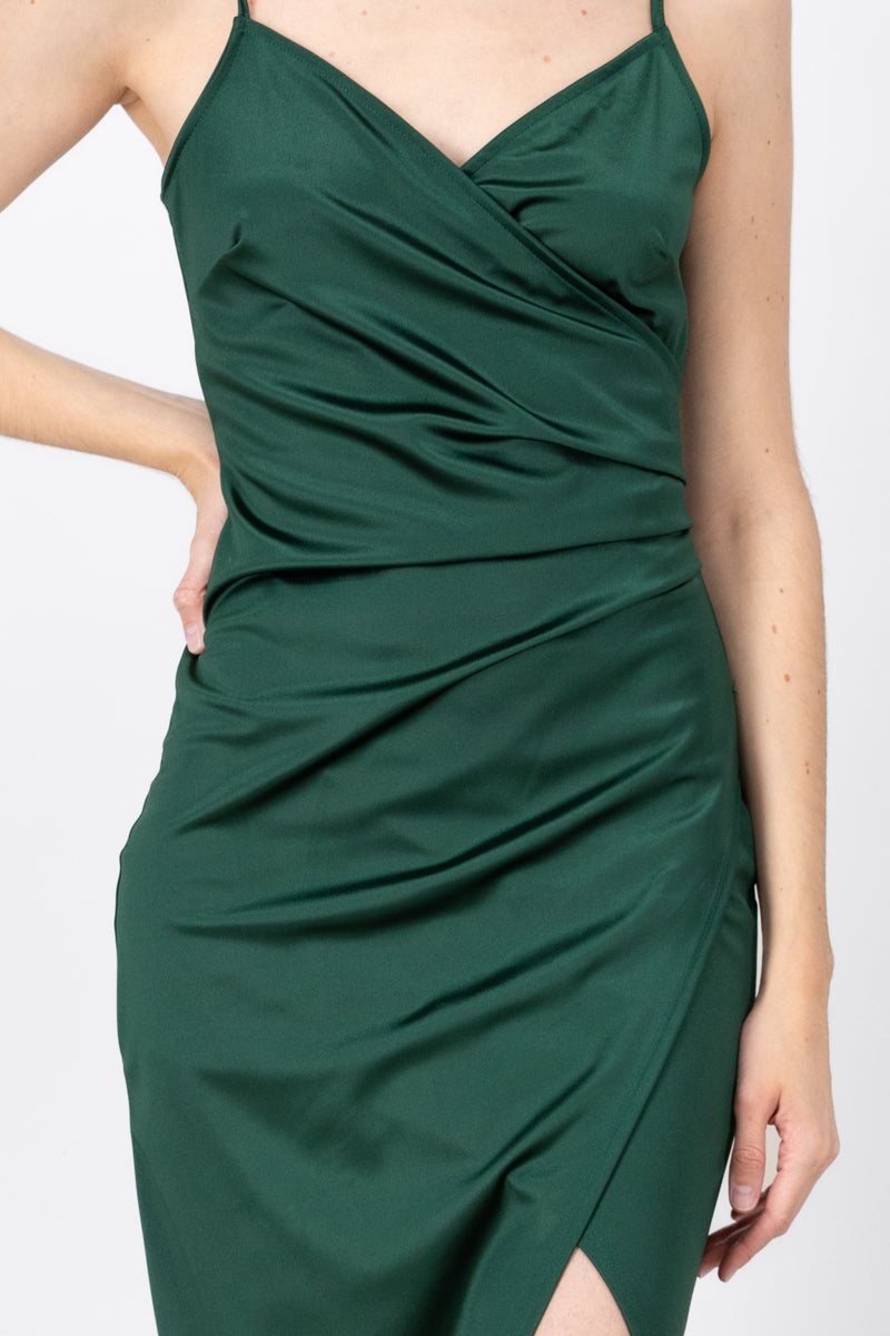 Vestido Maxi Satín Escote Cruzado VERDE CAZADOR