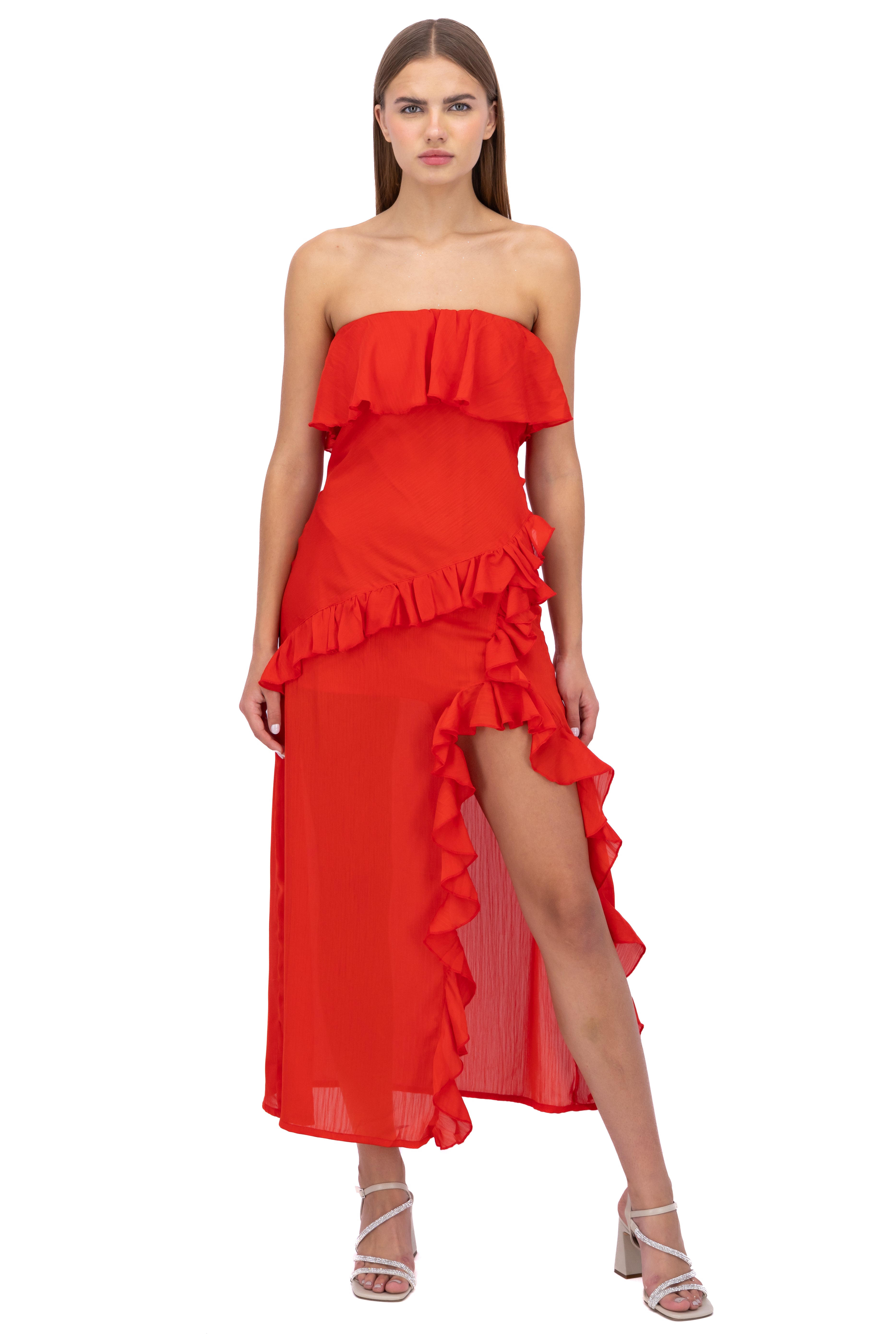 Vestido strapless con olanes ROJO