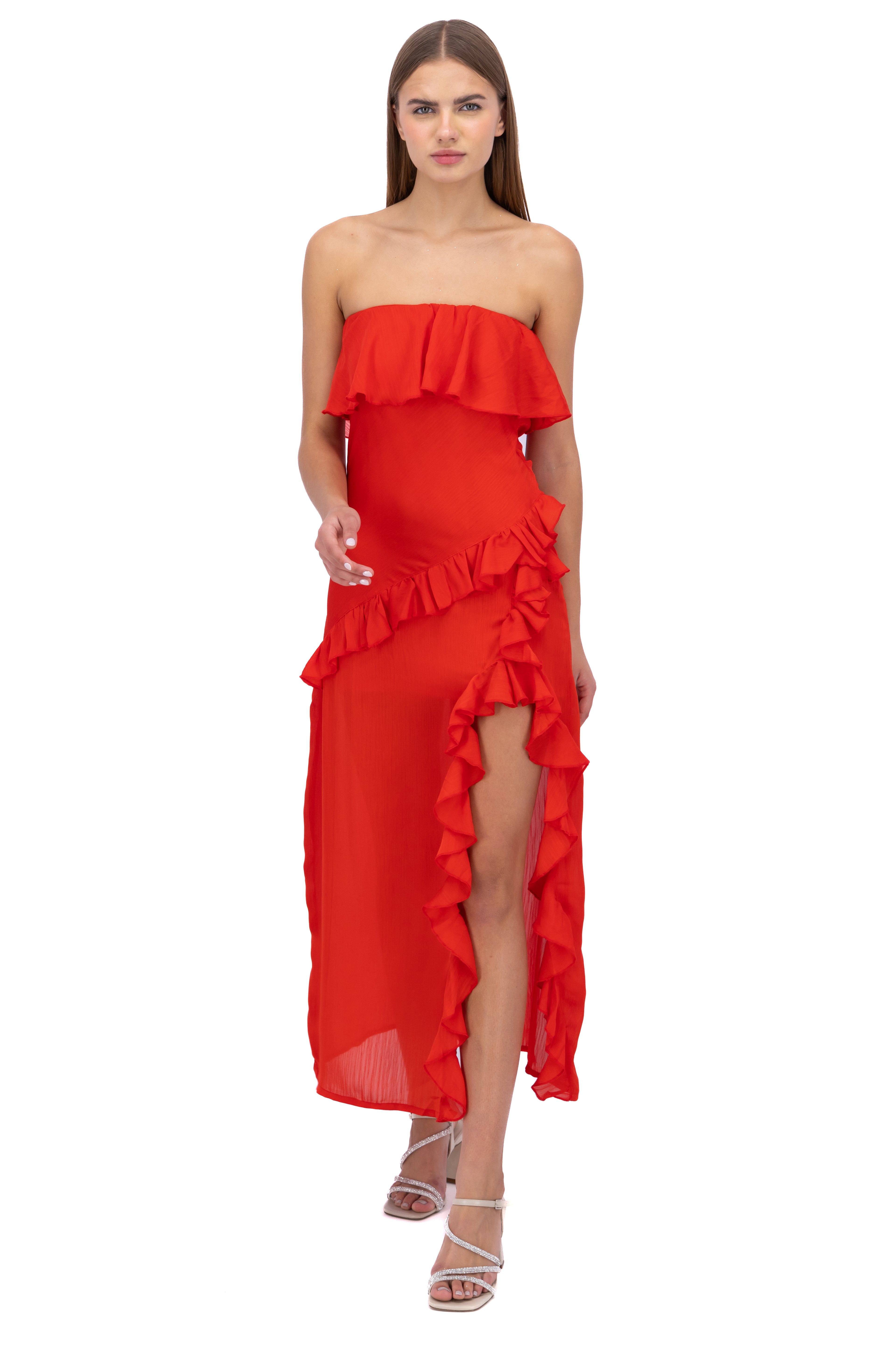 Vestido strapless con olanes ROJO