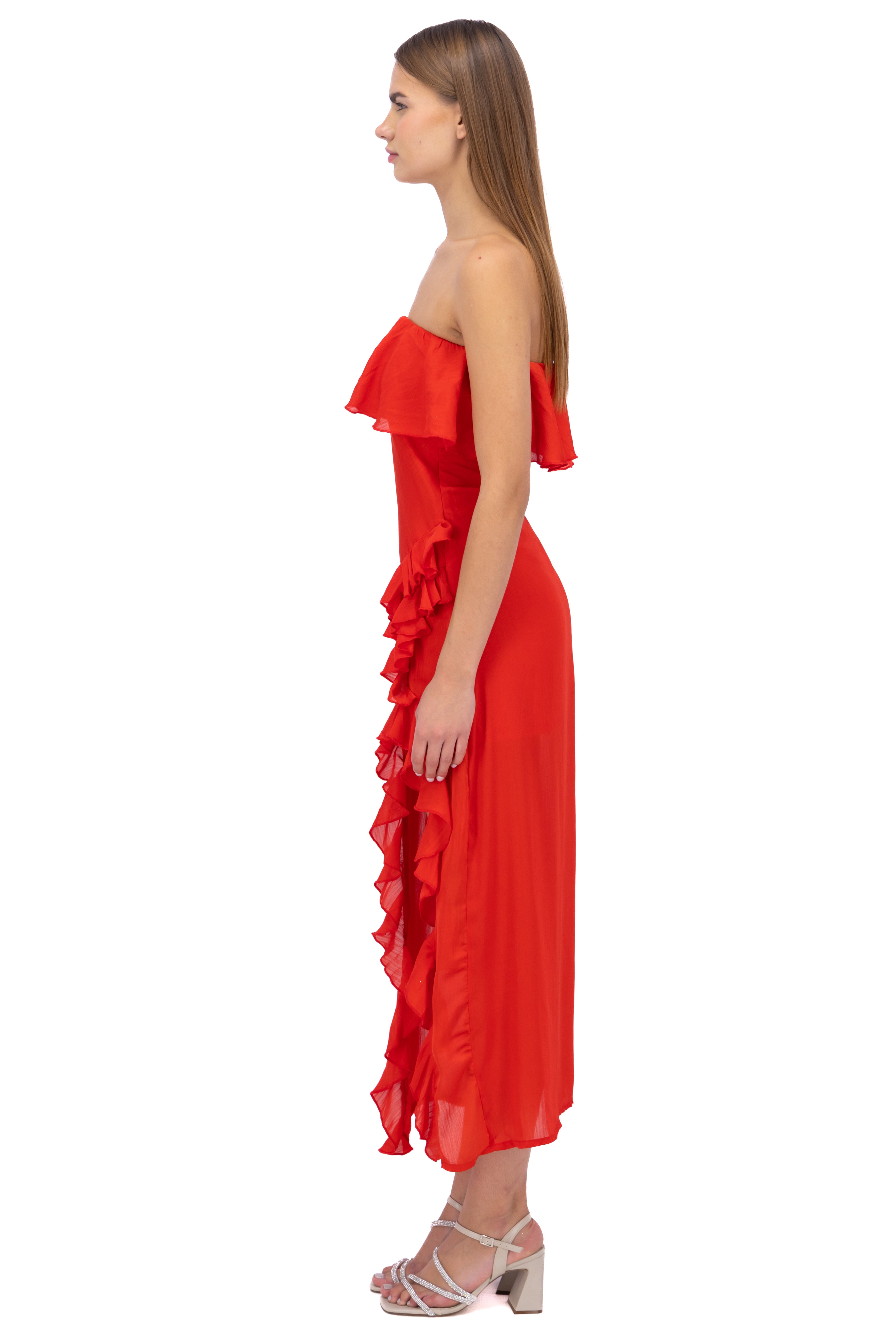 Vestido strapless con olanes ROJO