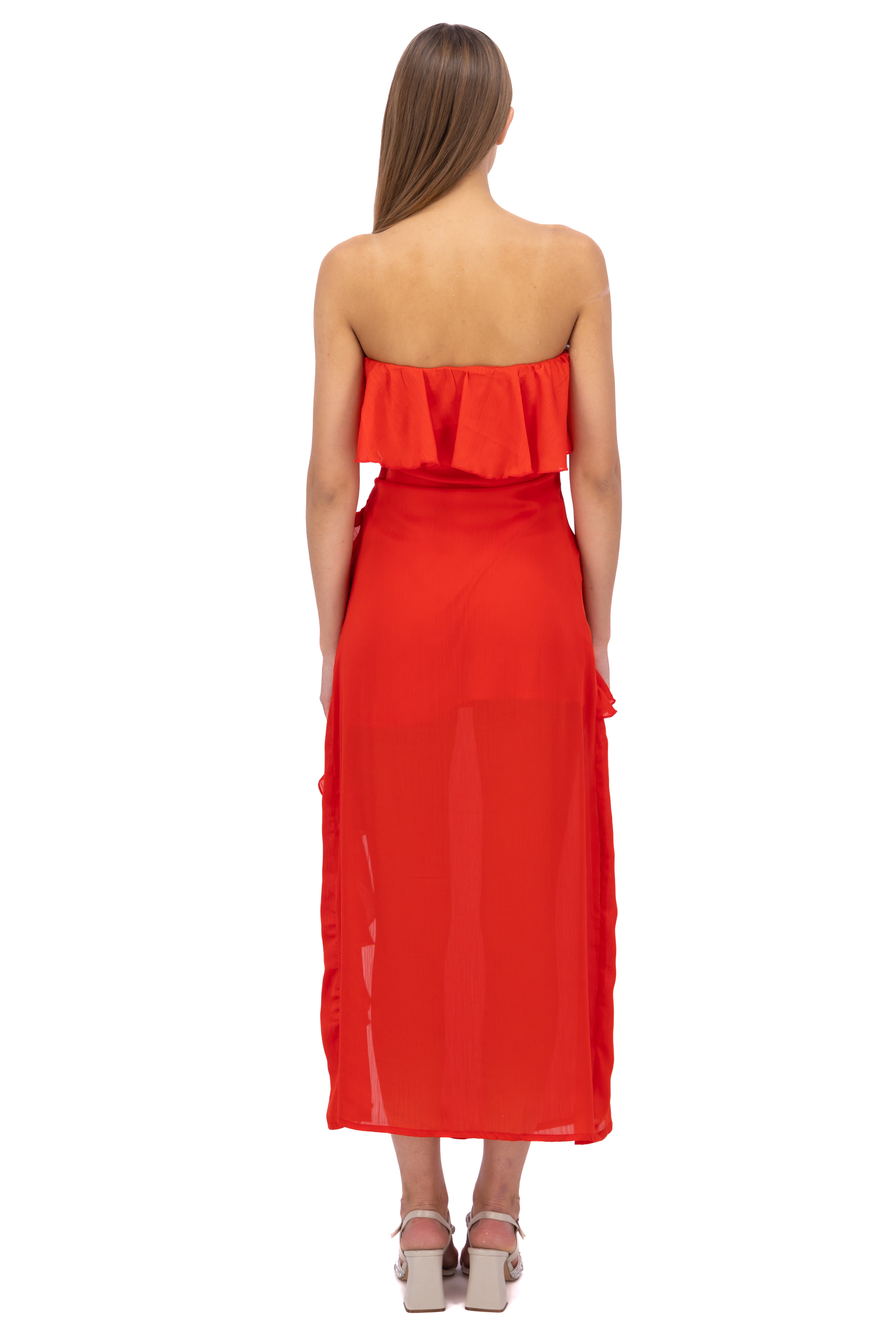 Vestido strapless con olanes ROJO