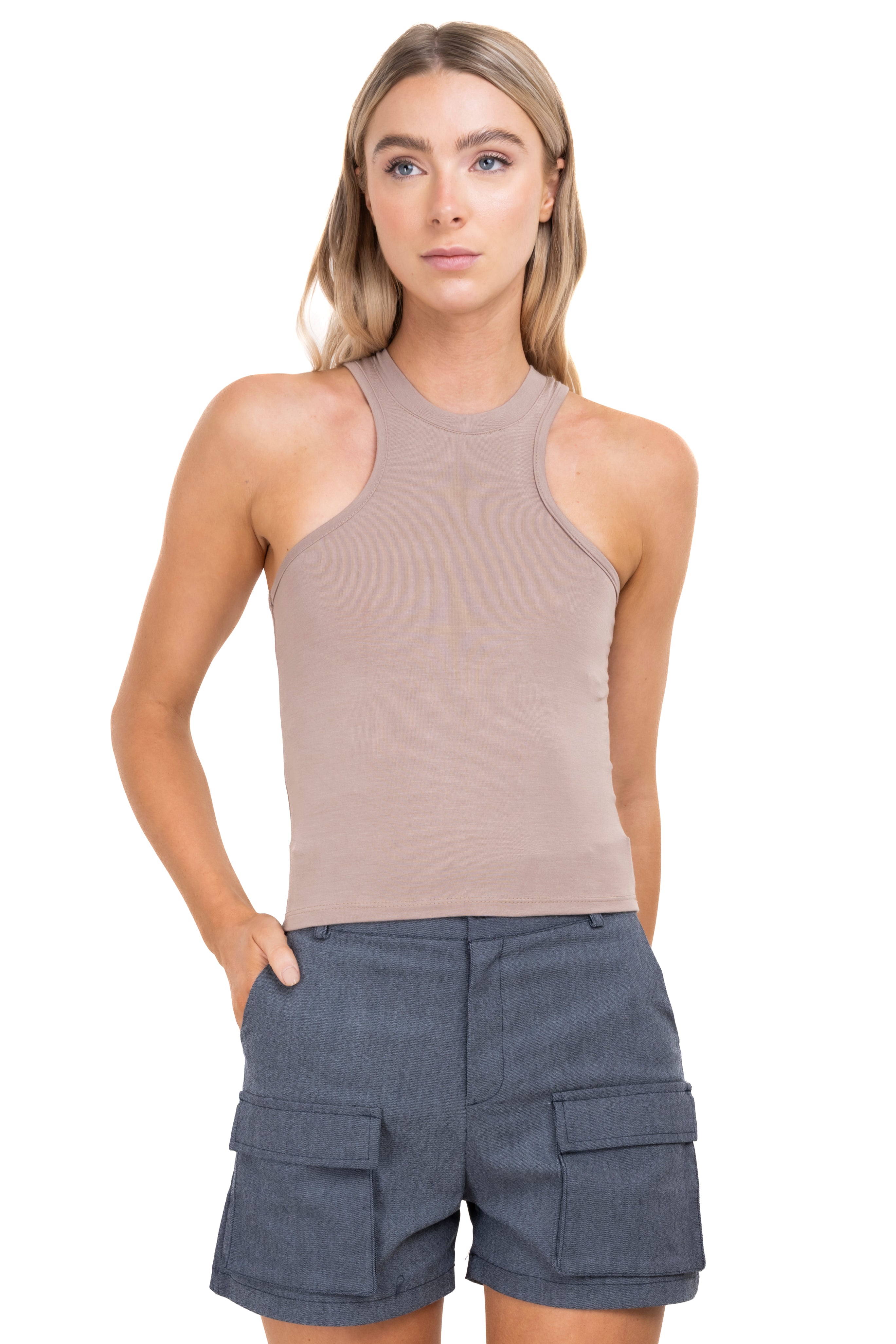 Top cuello redondo liso TAUPE