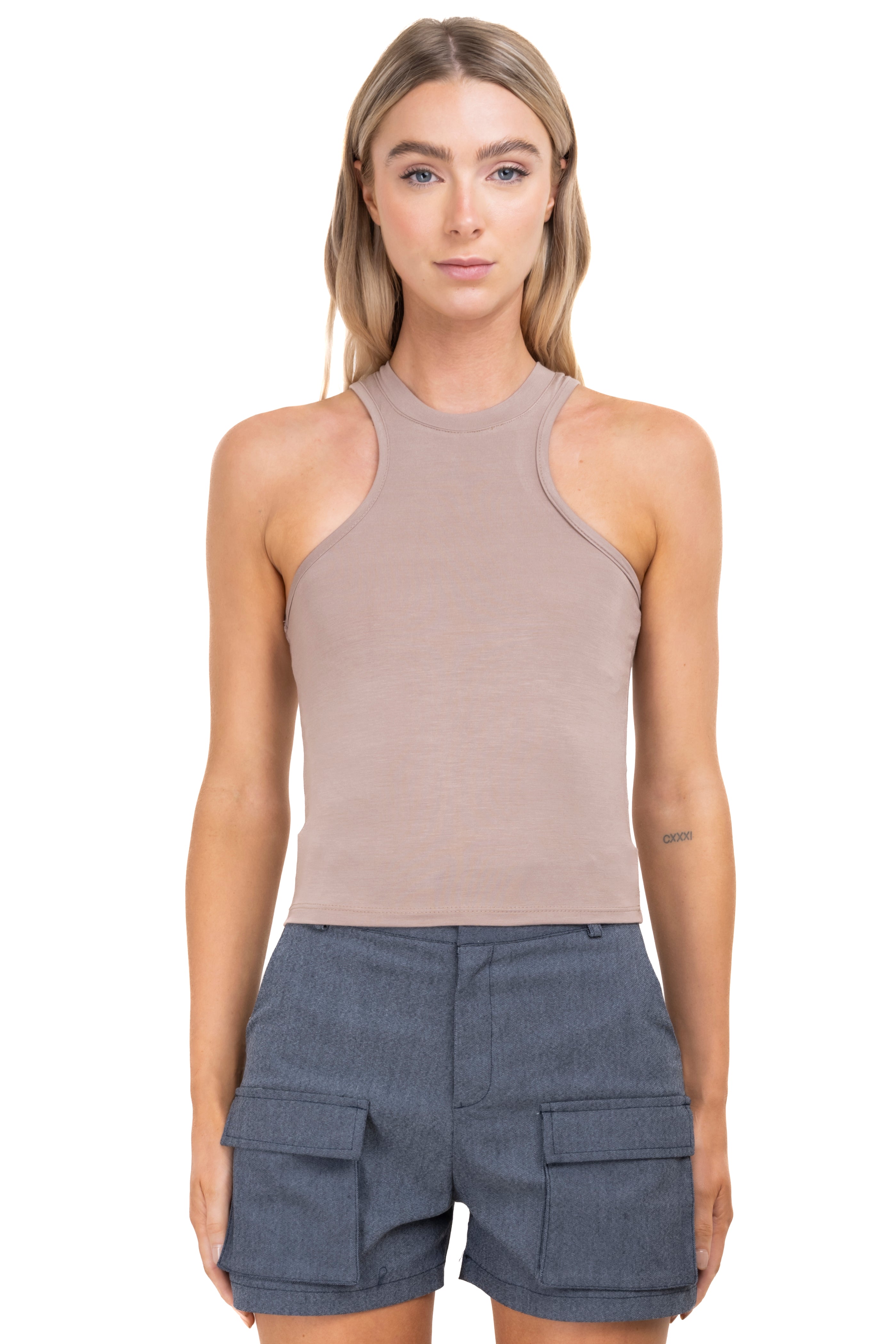 Top cuello redondo liso TAUPE