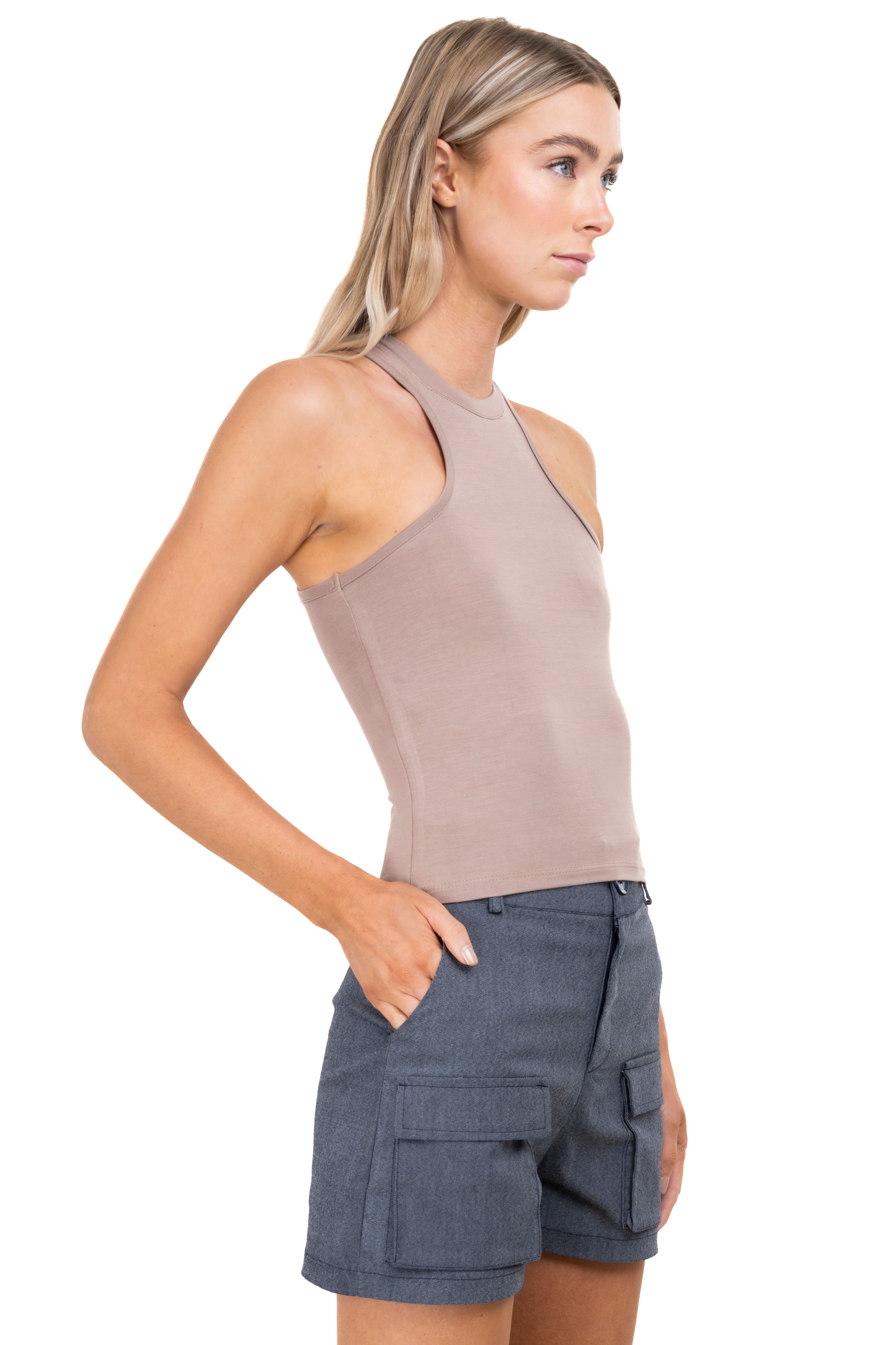 Top cuello redondo liso TAUPE