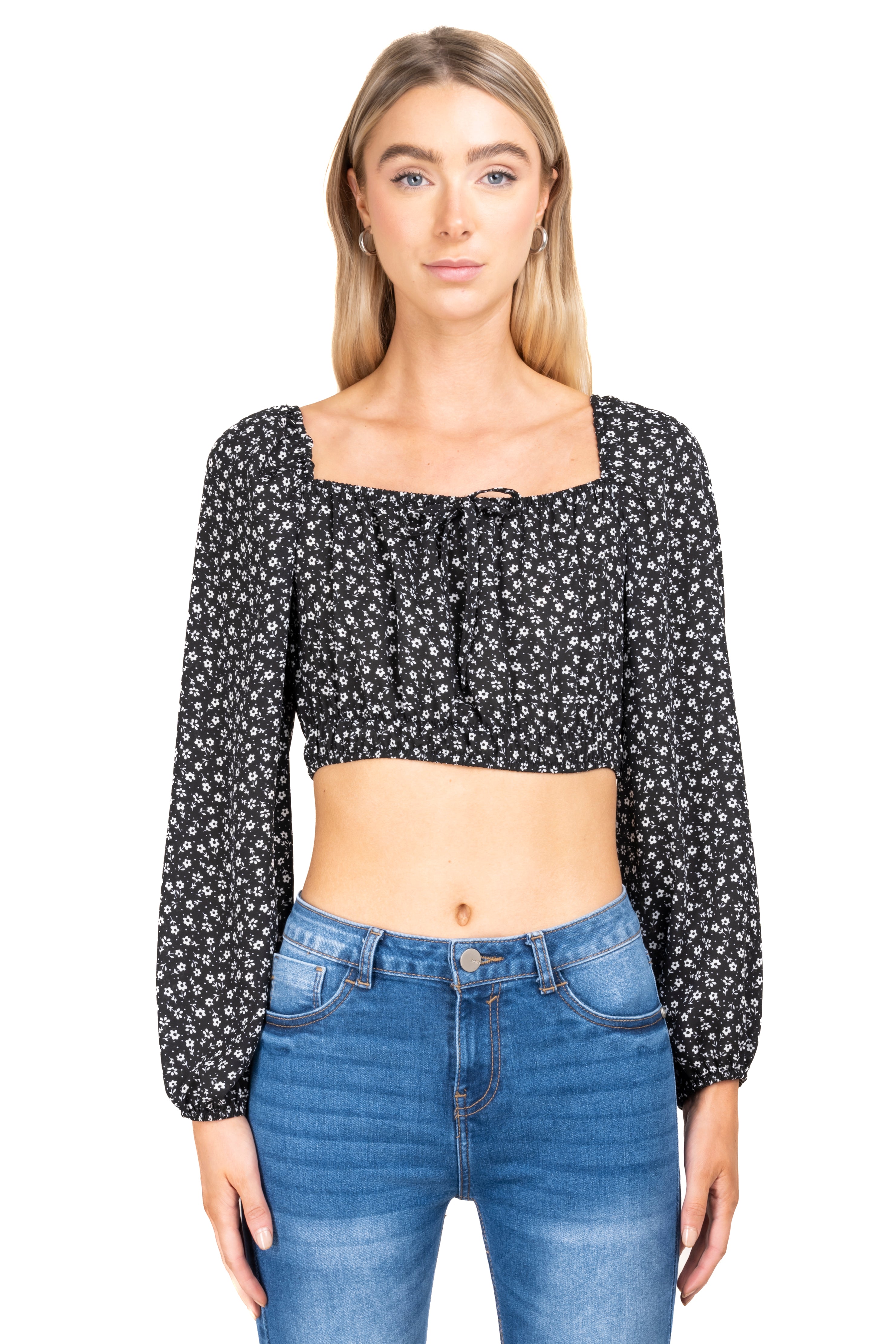 Top Crop Manga Long Flowers Black Combo