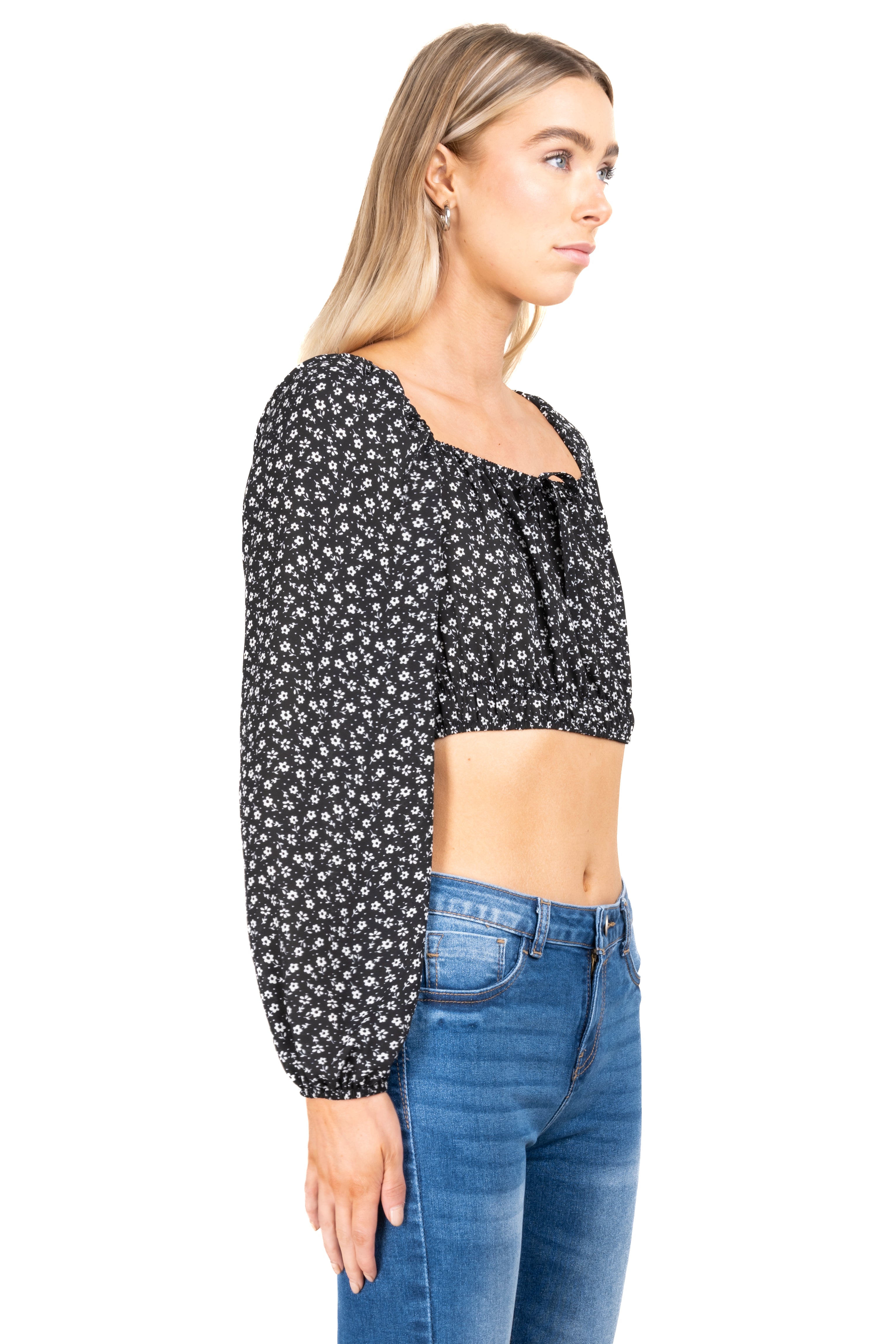 Top Crop Manga Long Flowers Black Combo