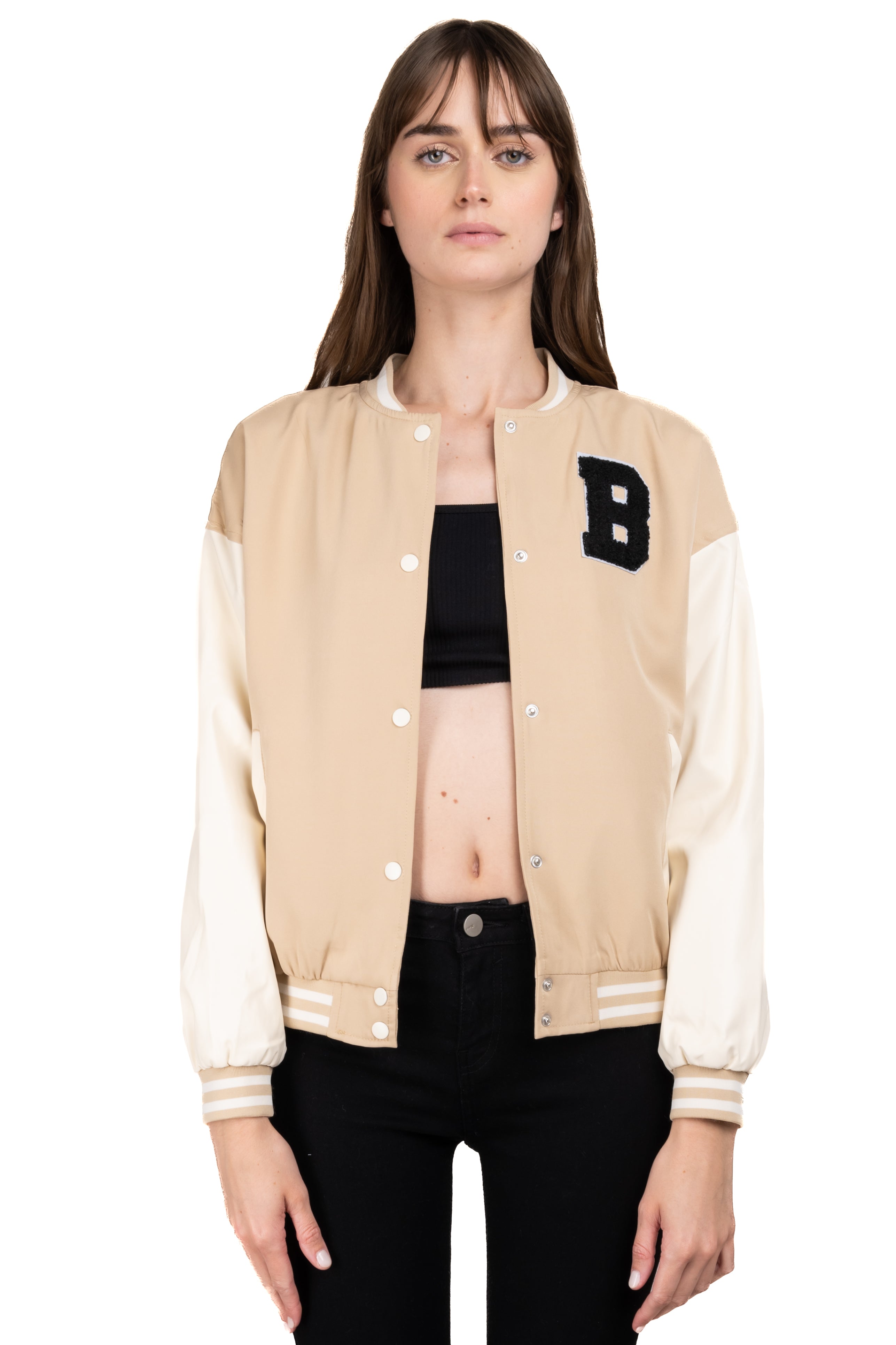 Chamarra bomber parche varsity KHAKI