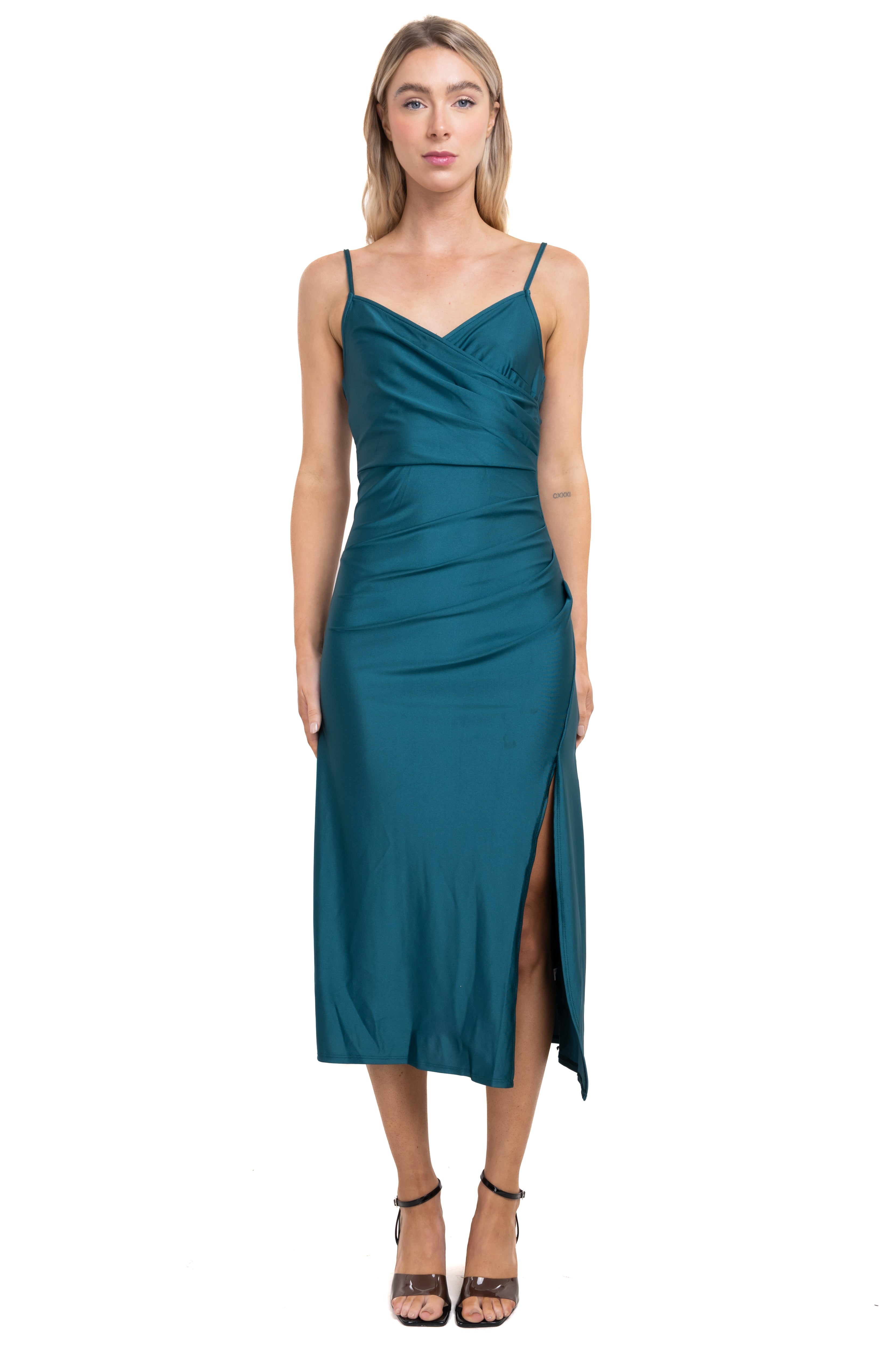 Vestido midi drapeado tirantes VERDE BOTELLA