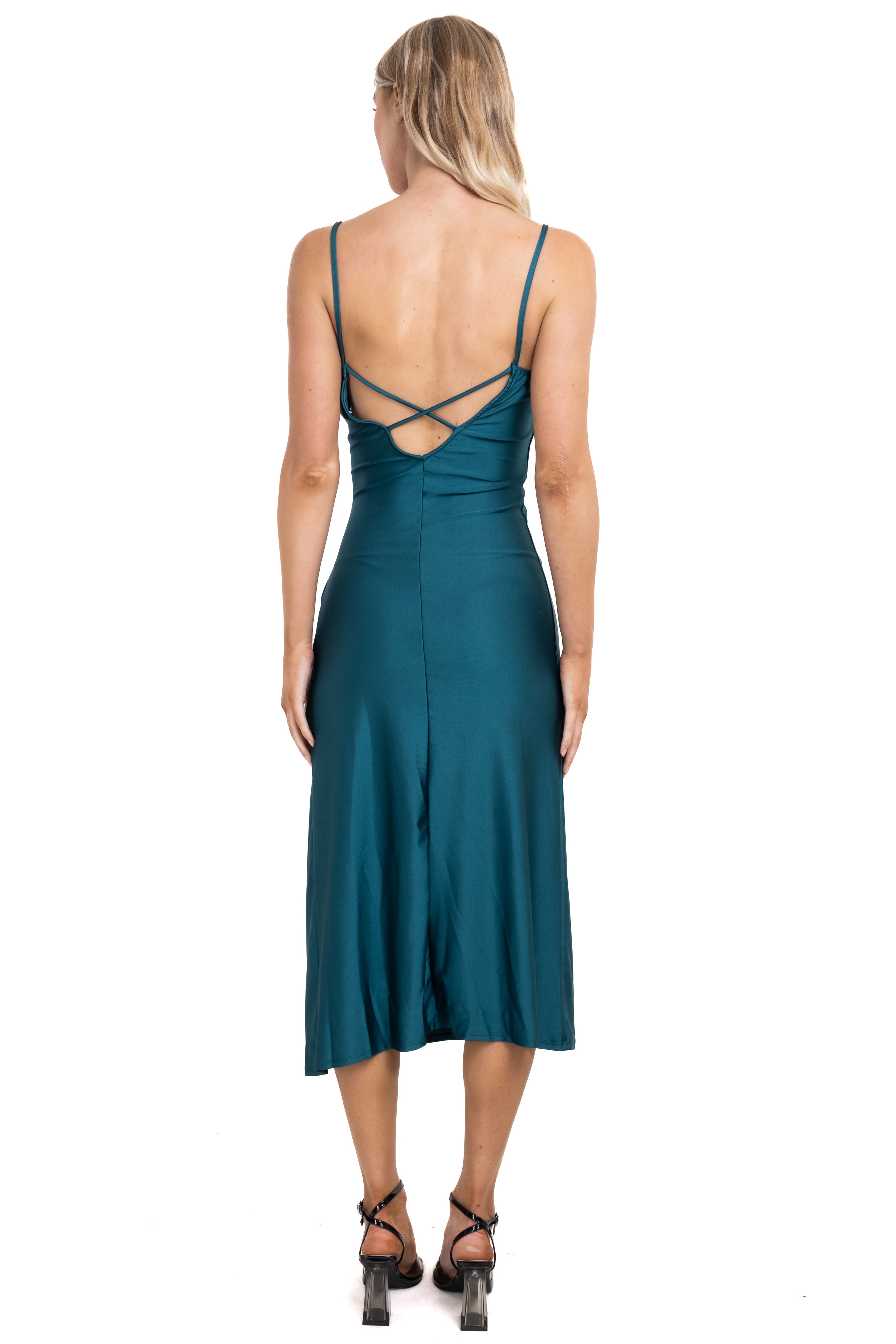 Vestido midi drapeado tirantes VERDE BOTELLA