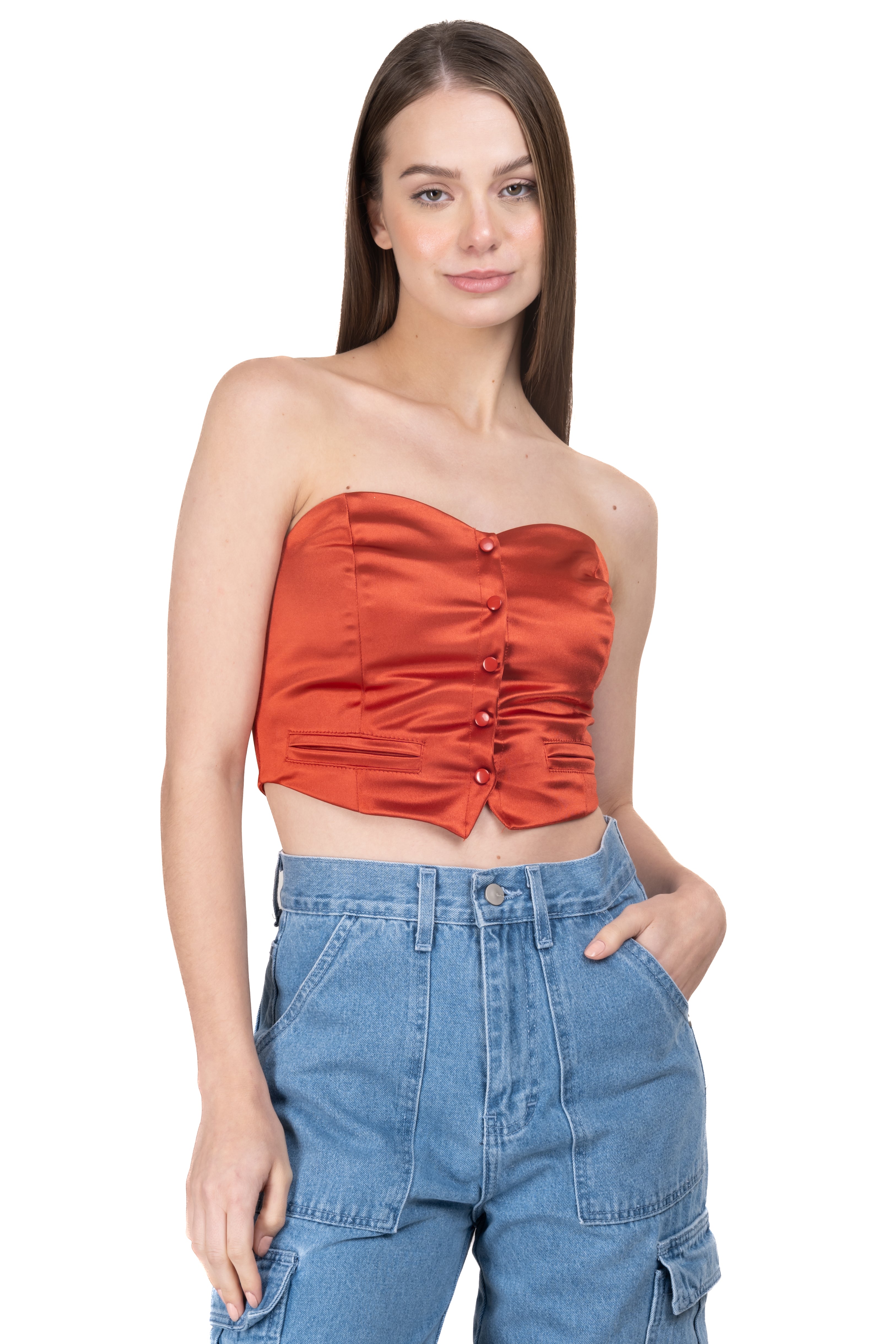 Top satin pleated buttons ORANGE