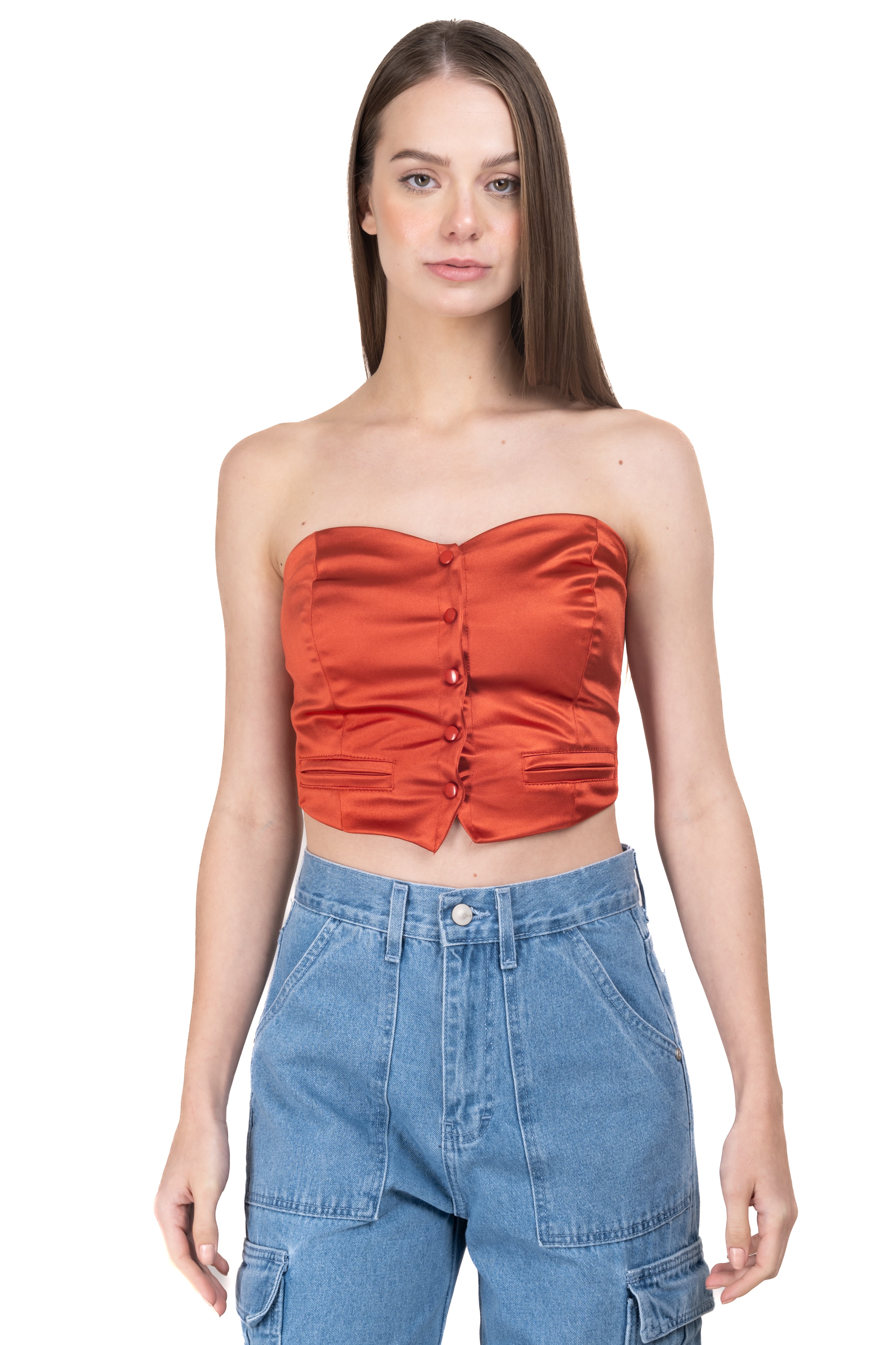 Top satin pleated buttons ORANGE