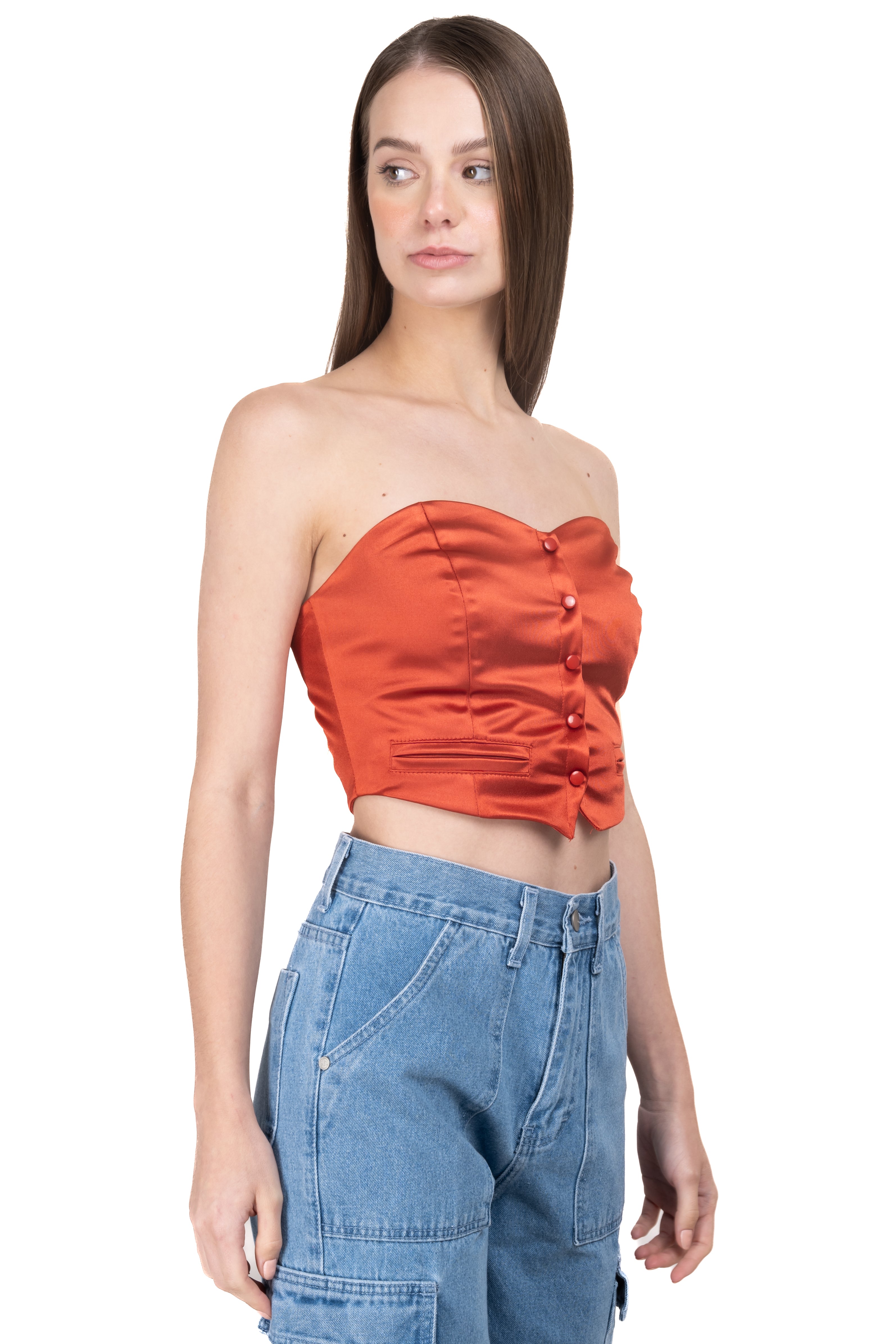 Top satin pleated buttons ORANGE