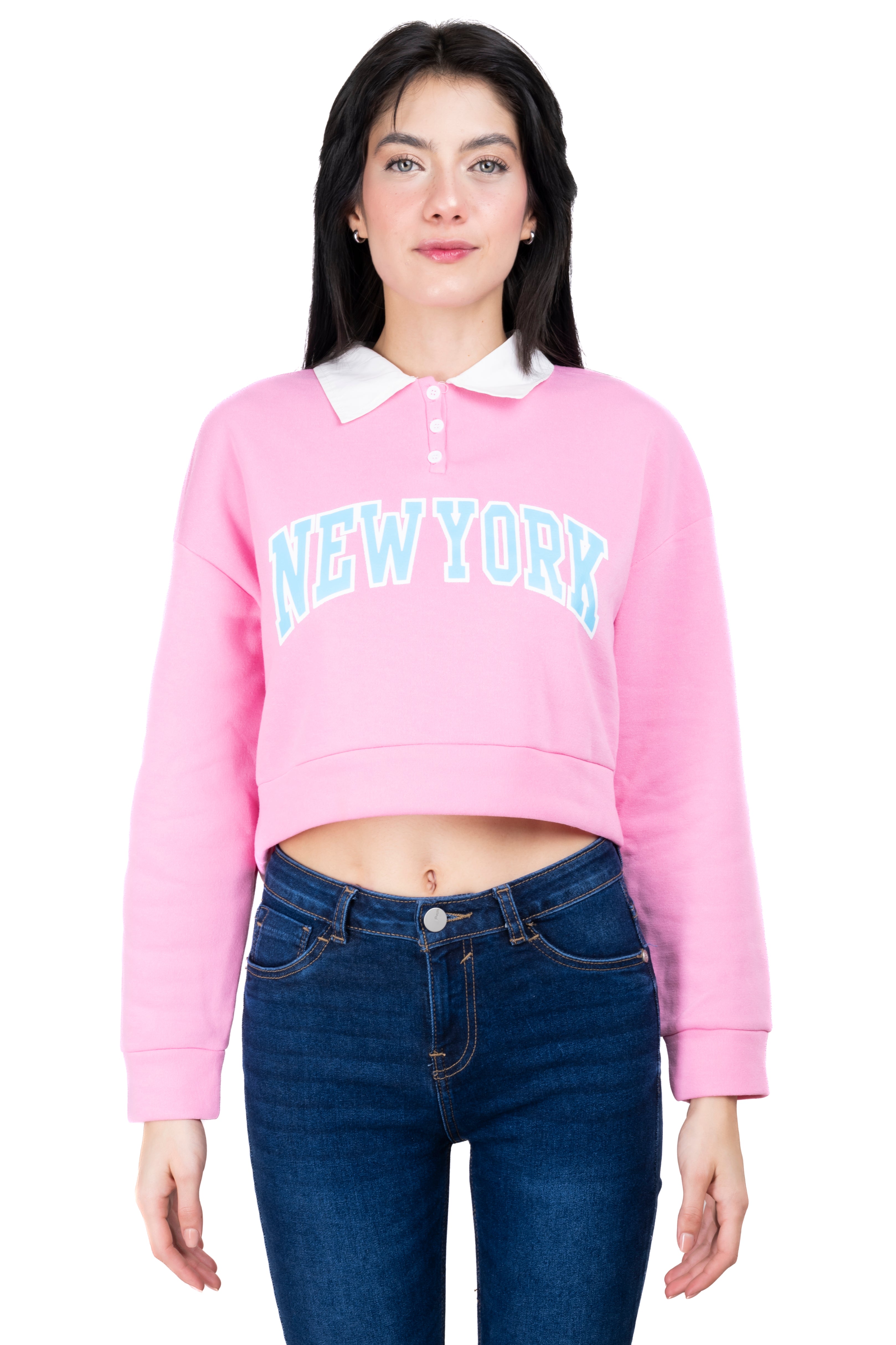 Sudadera crop cuello polo New York ROSA