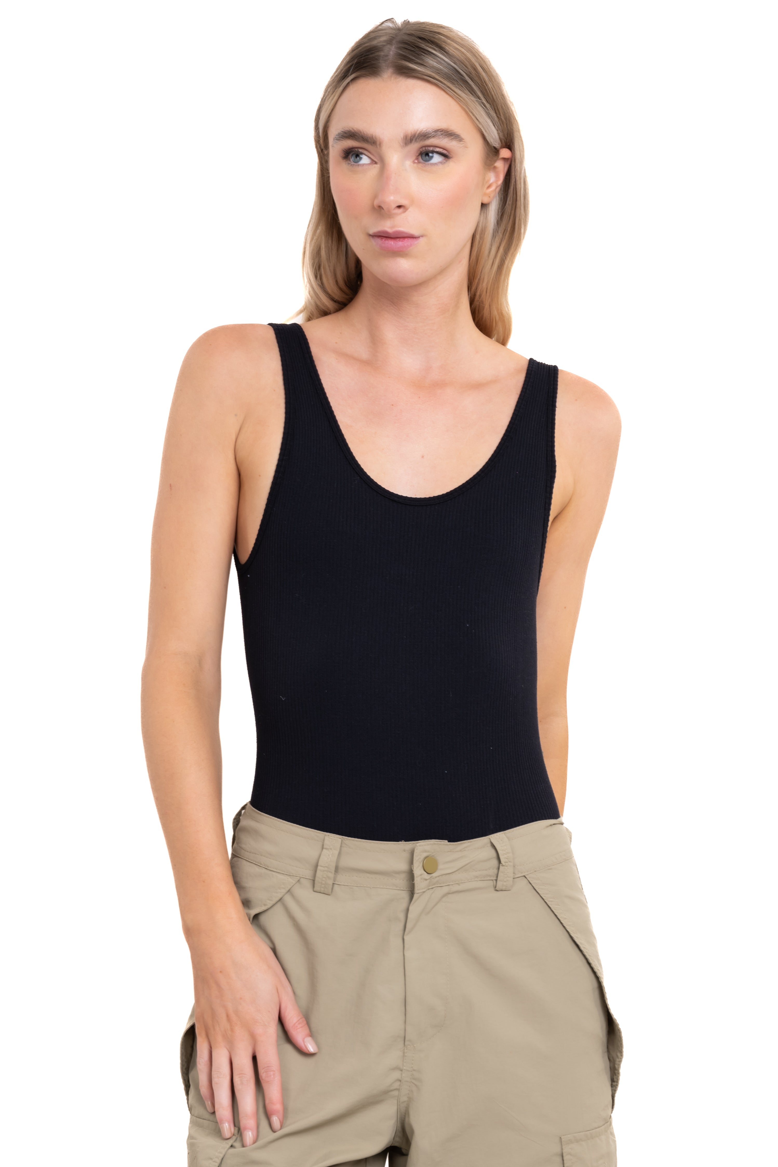 Bodysuit acanalado cuello redondo NEGRO