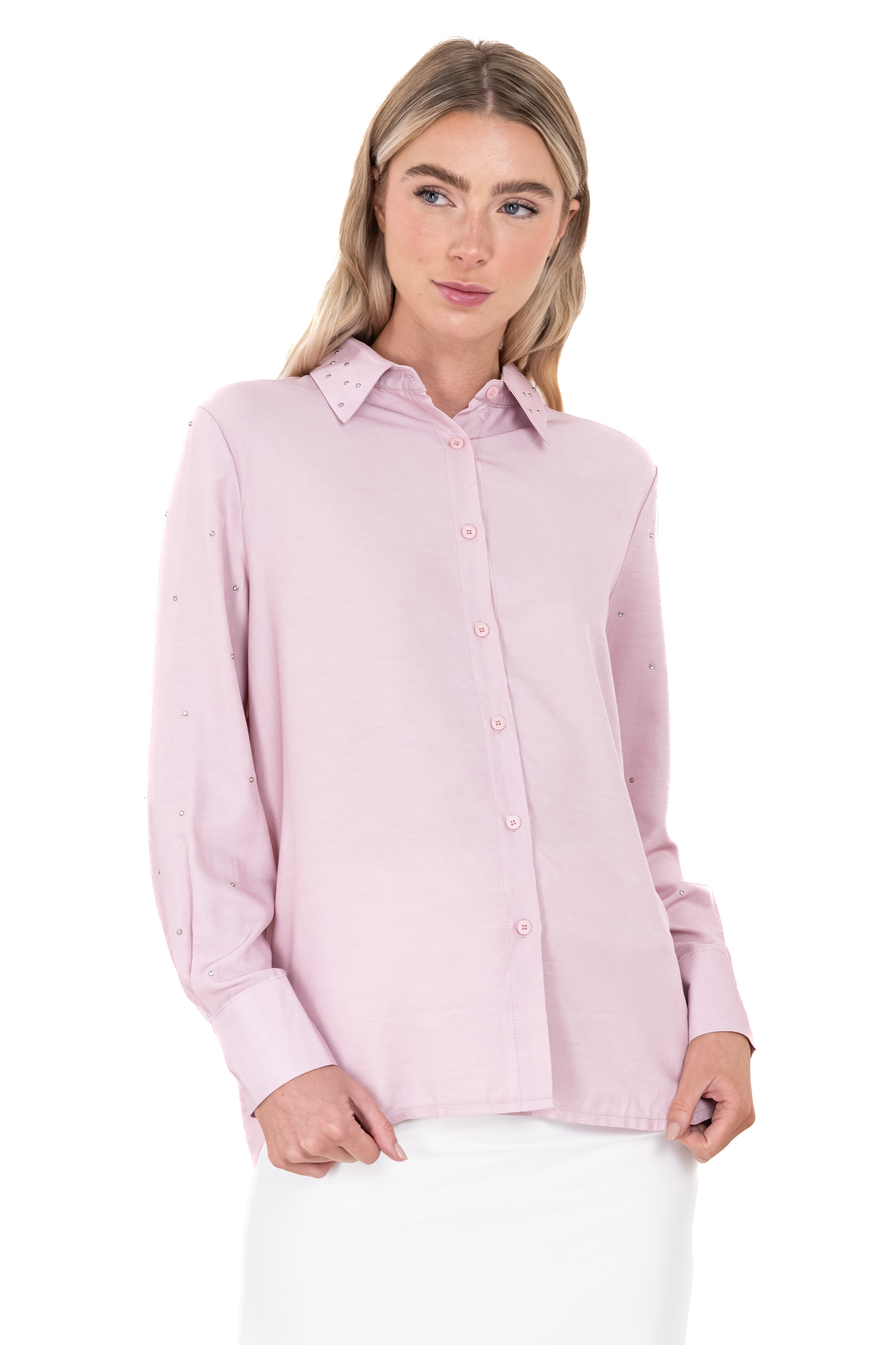 Camisa brillos mangas lisa ROSA