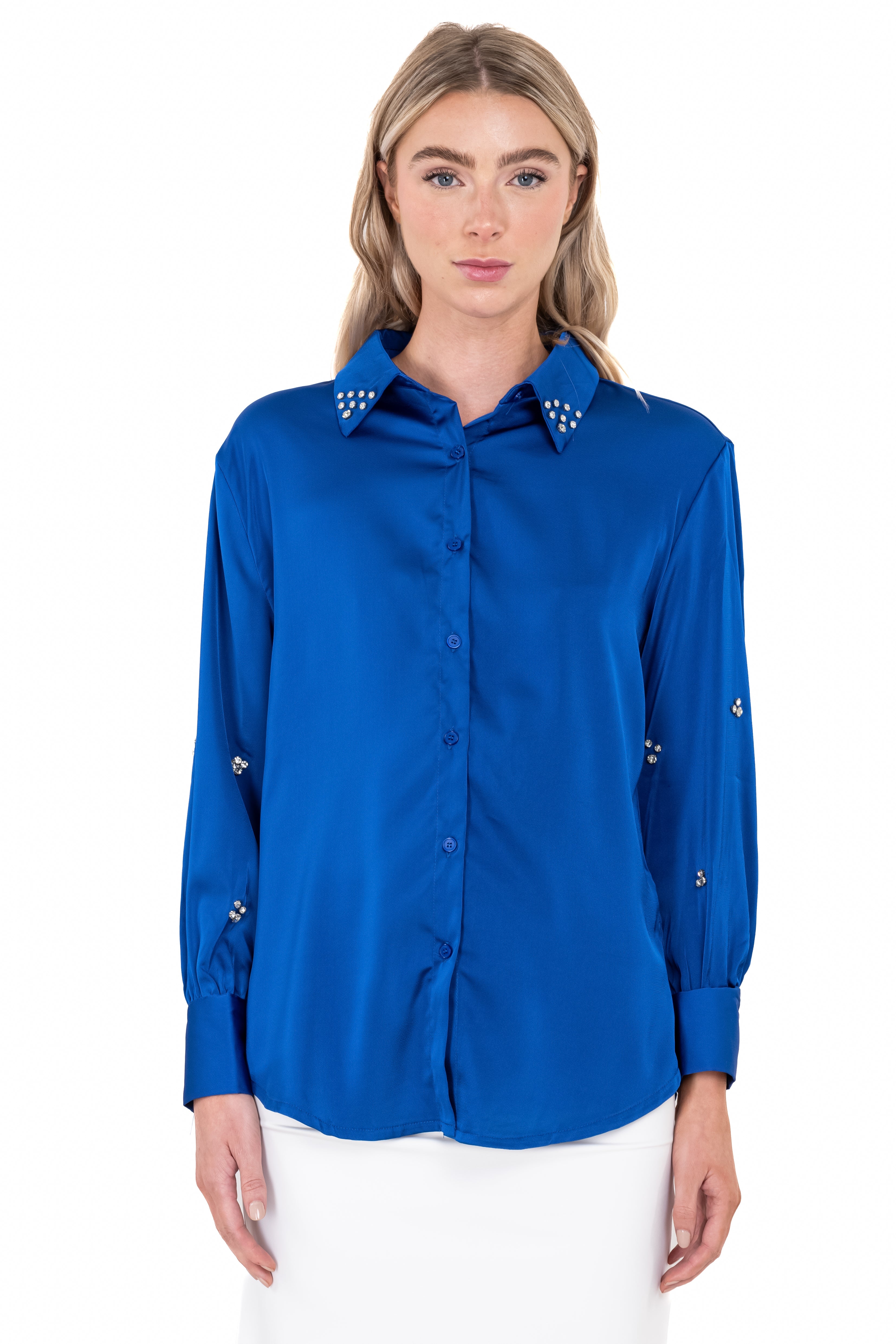 Camisa satín mangas brillos AZUL REY