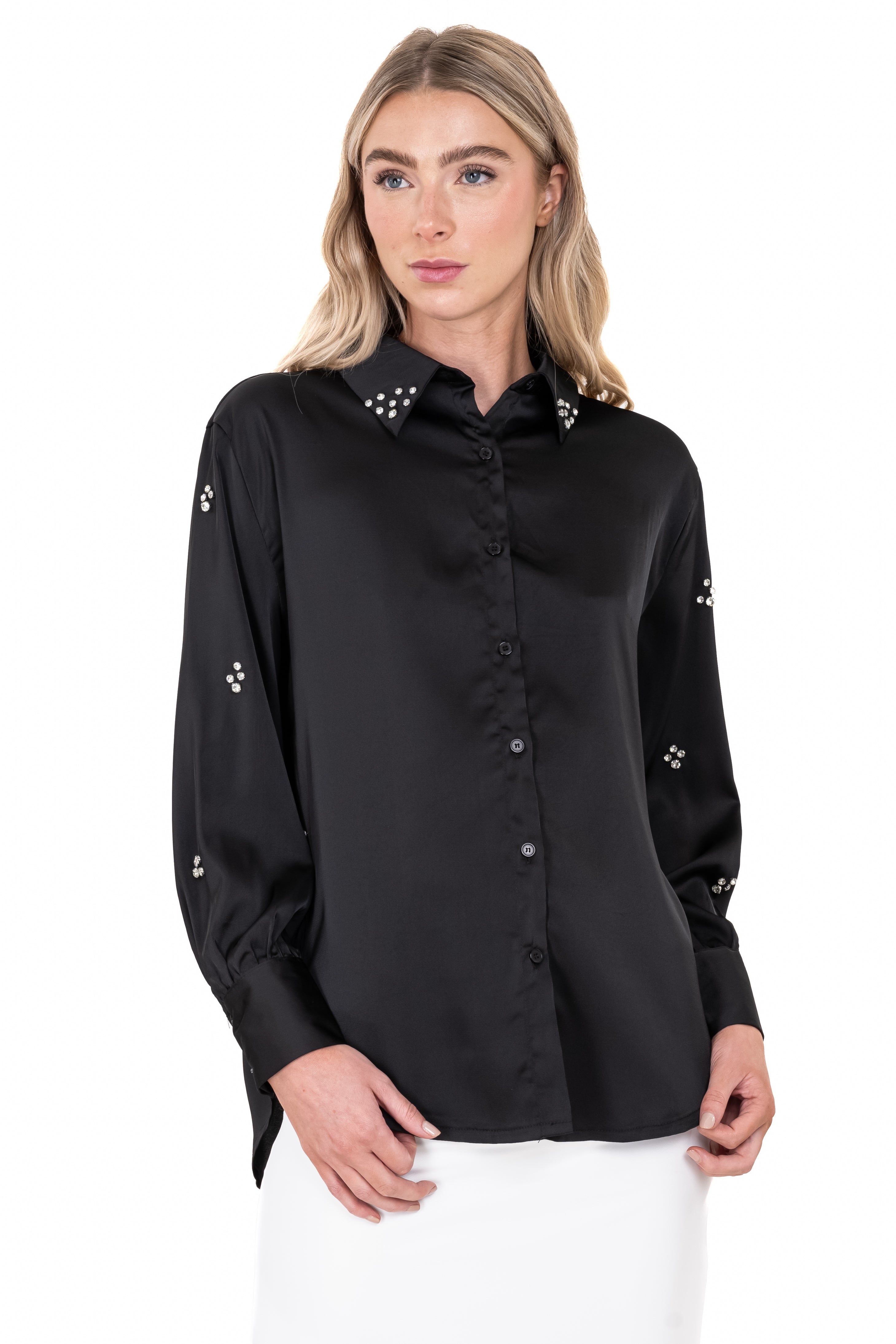 Camisa satín mangas brillos NEGRO