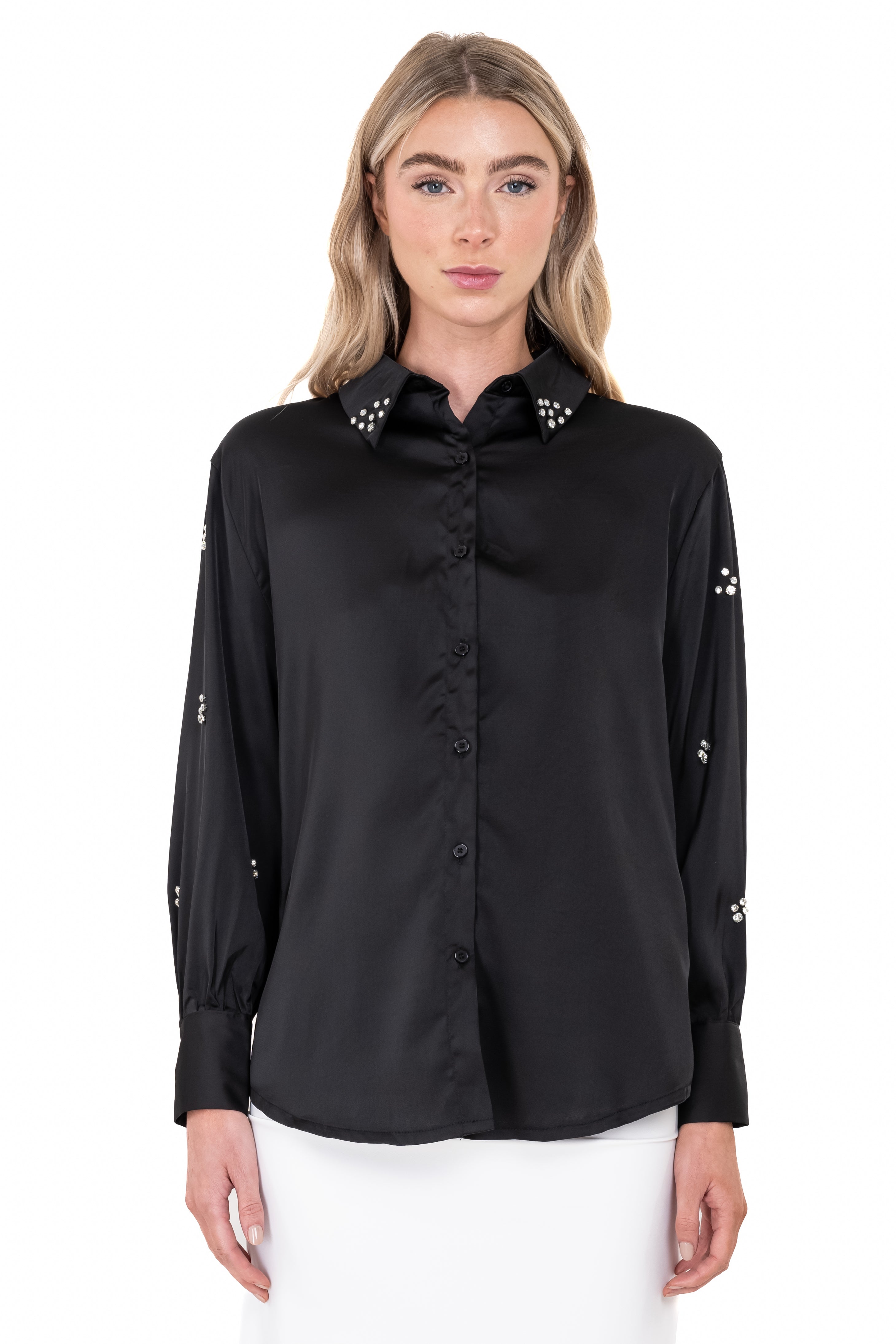 Camisa satín mangas brillos NEGRO