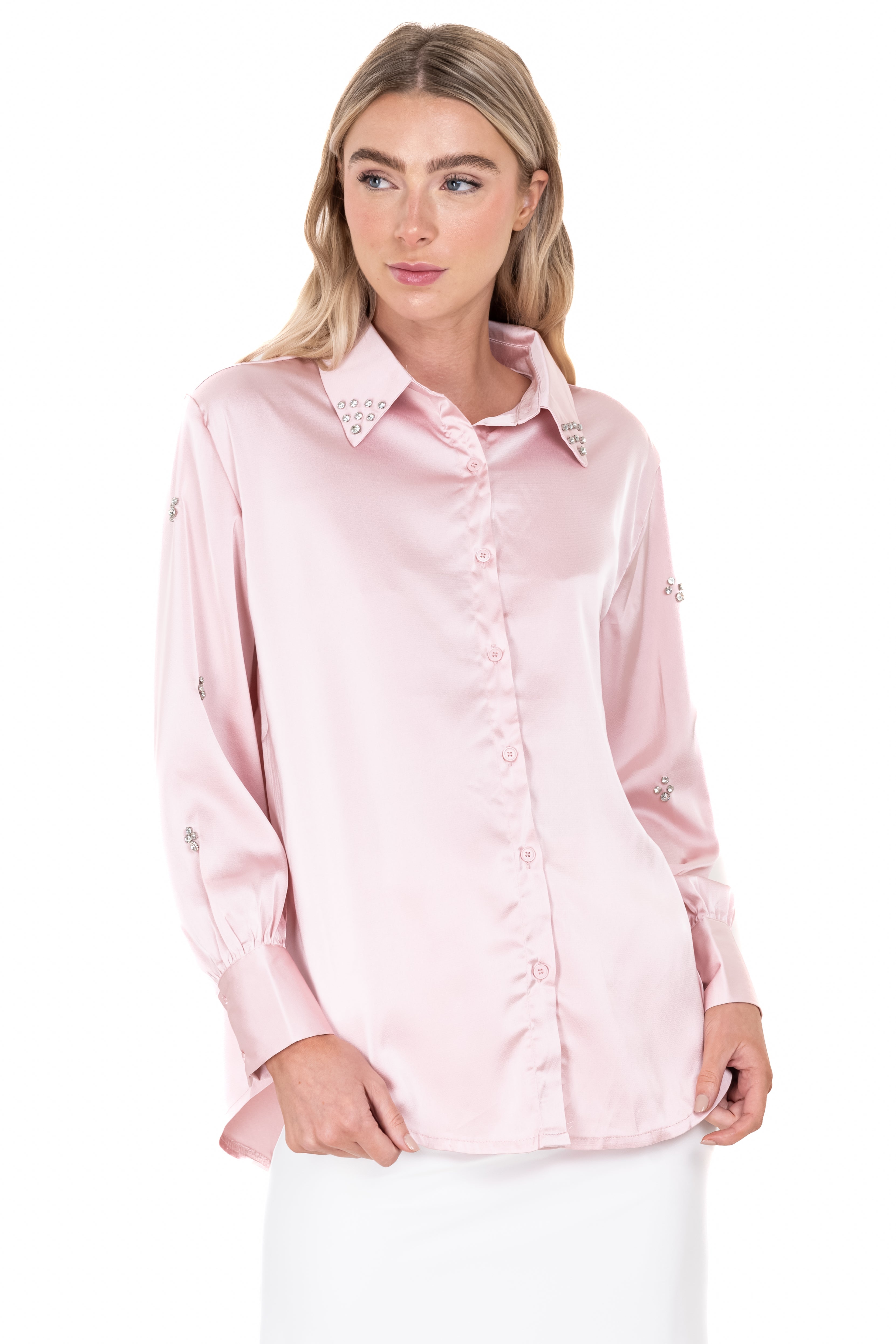 Camisa satín mangas brillos ROSA