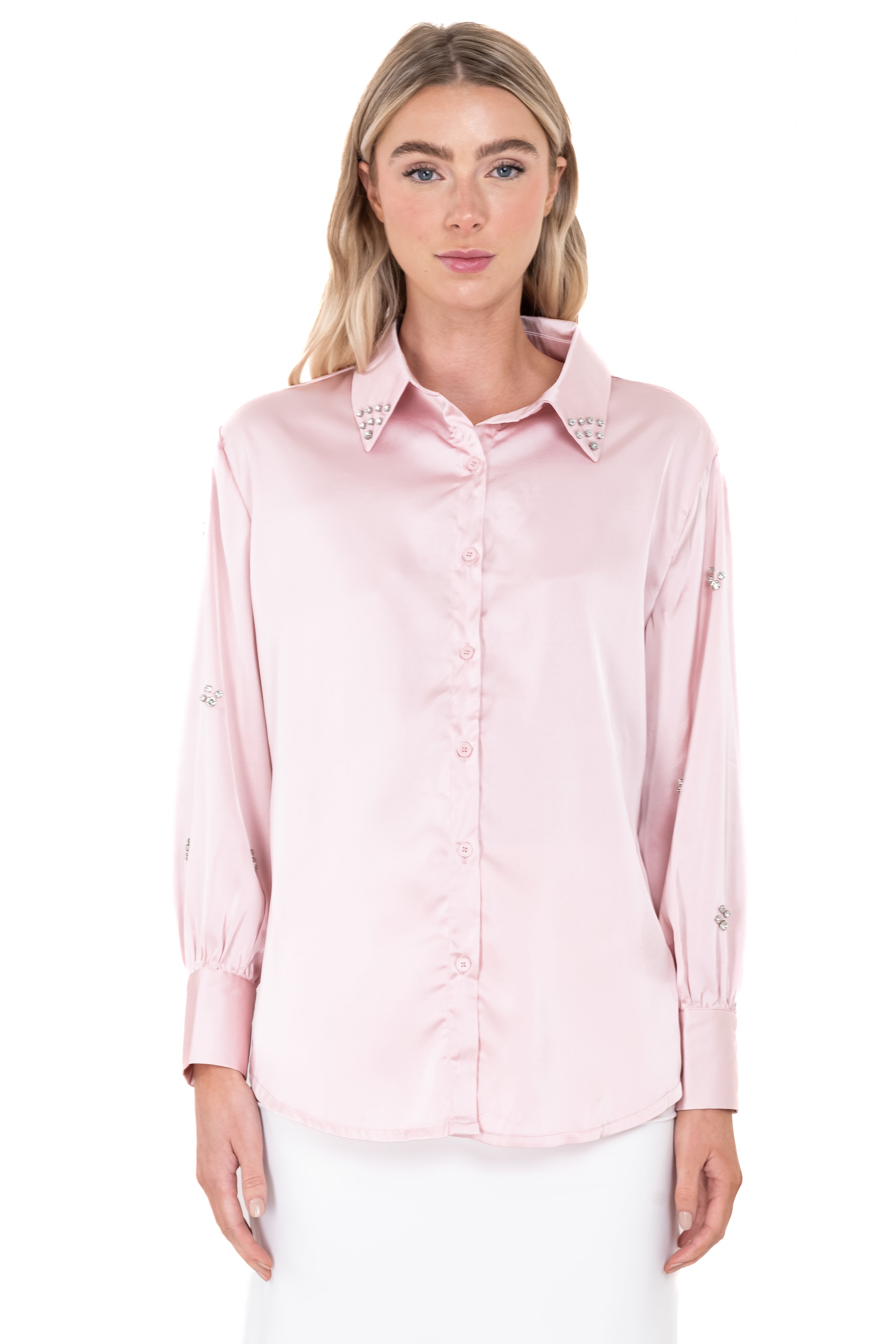 Camisa satín mangas brillos ROSA