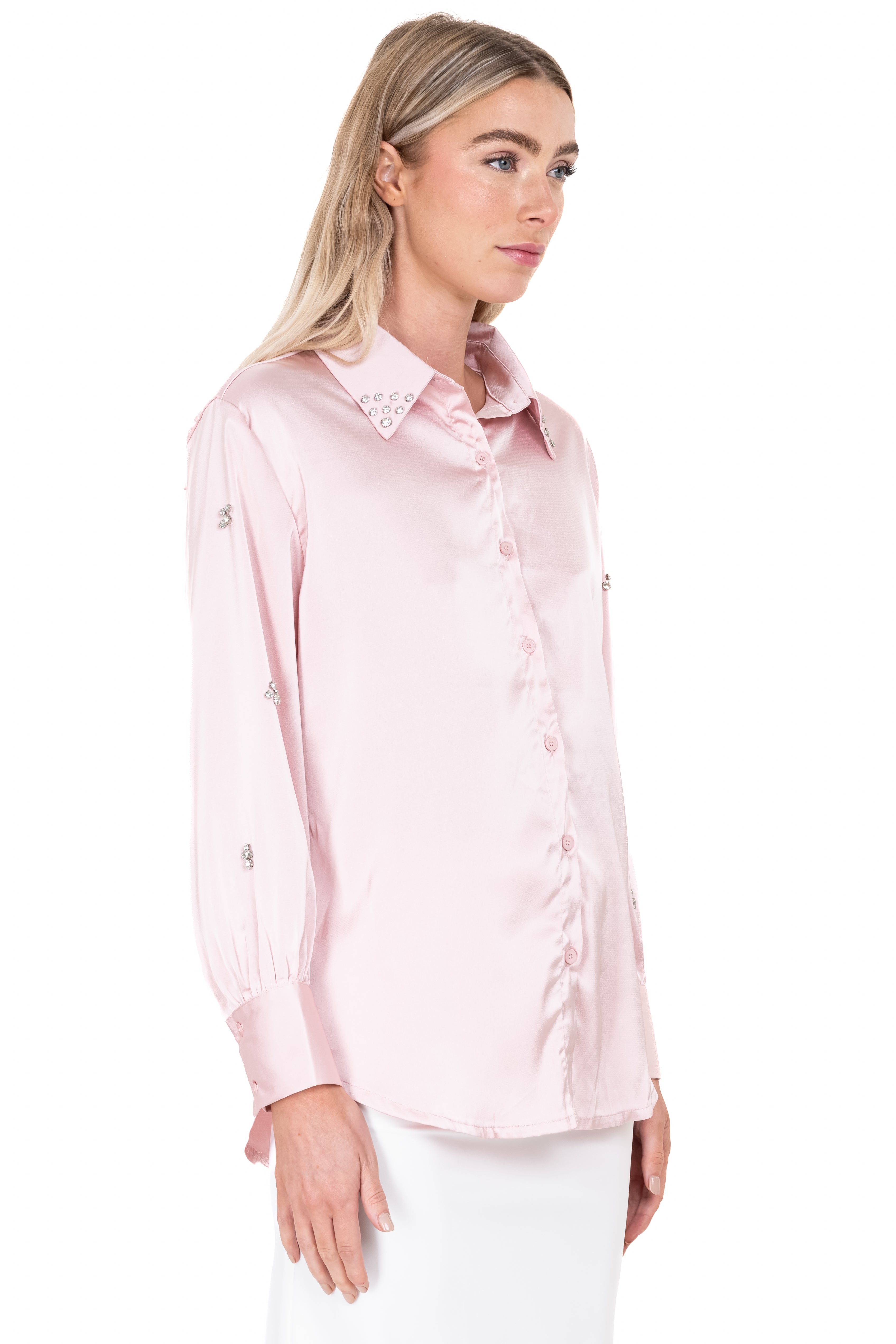 Camisa satín mangas brillos ROSA