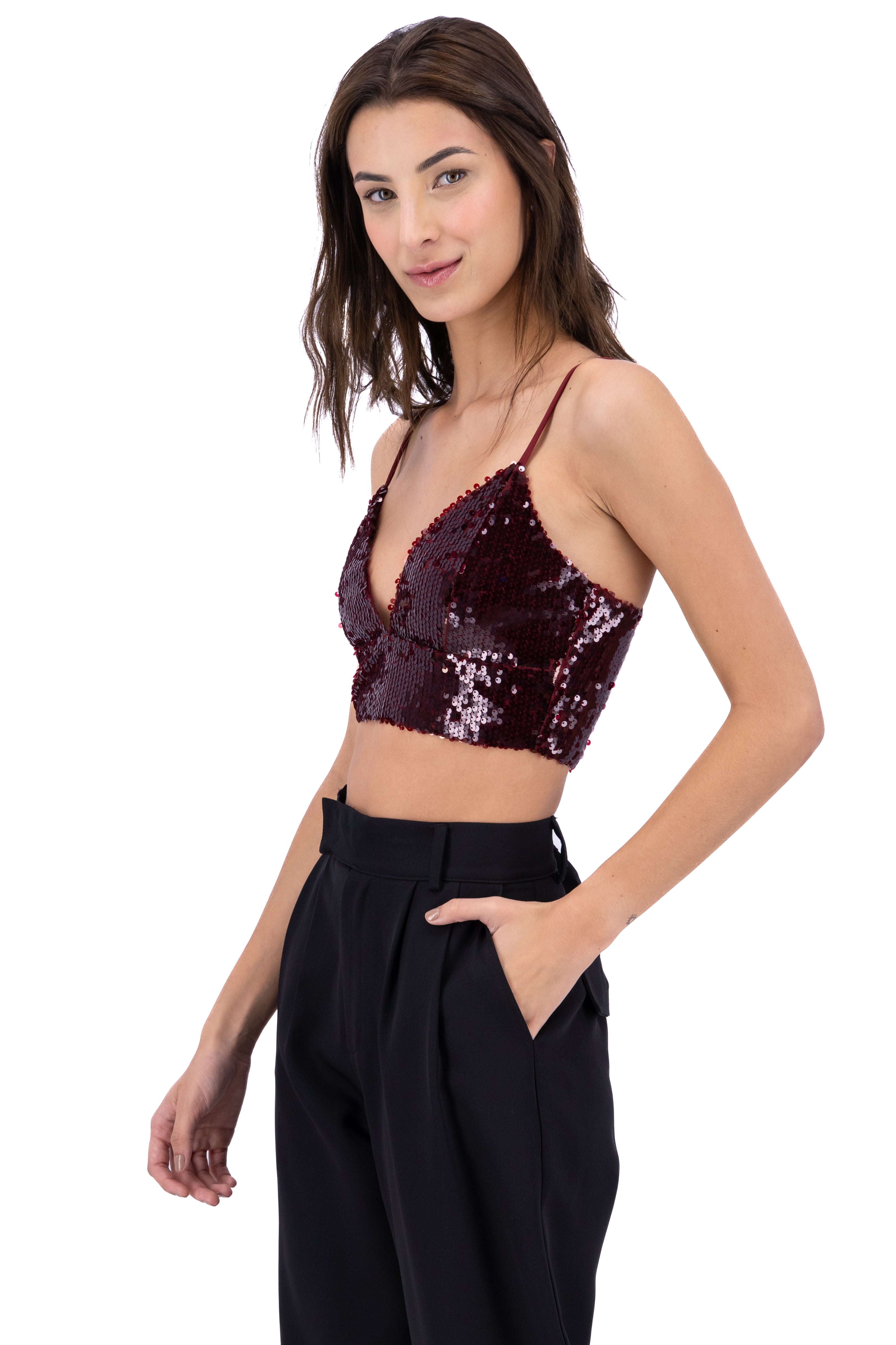 Top cropped de lentejuelas VINO