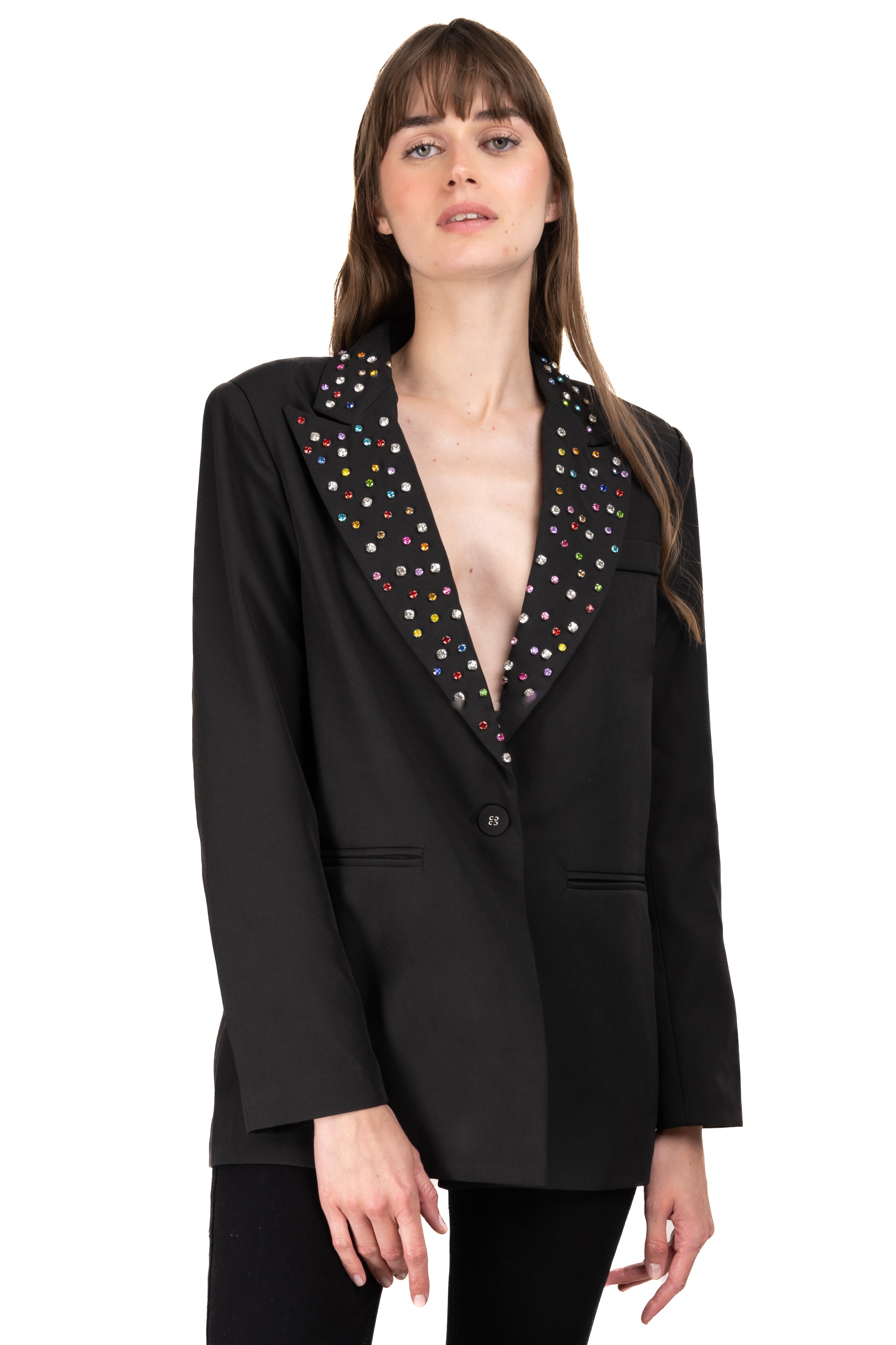 Saco solapa brillos multicolor NEGRO