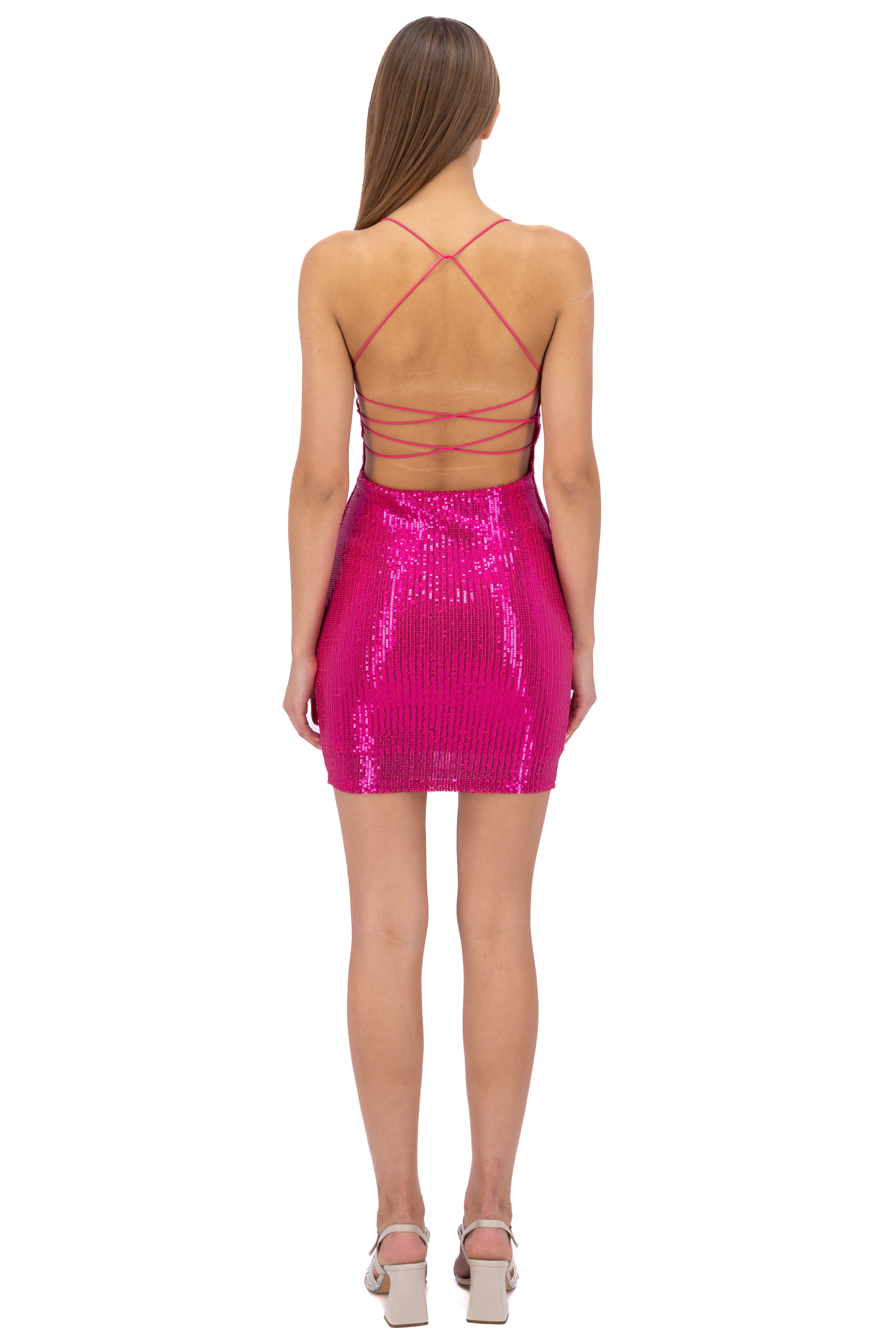 Vestido lentejuela lace up espalda ROSA BRILLANTE