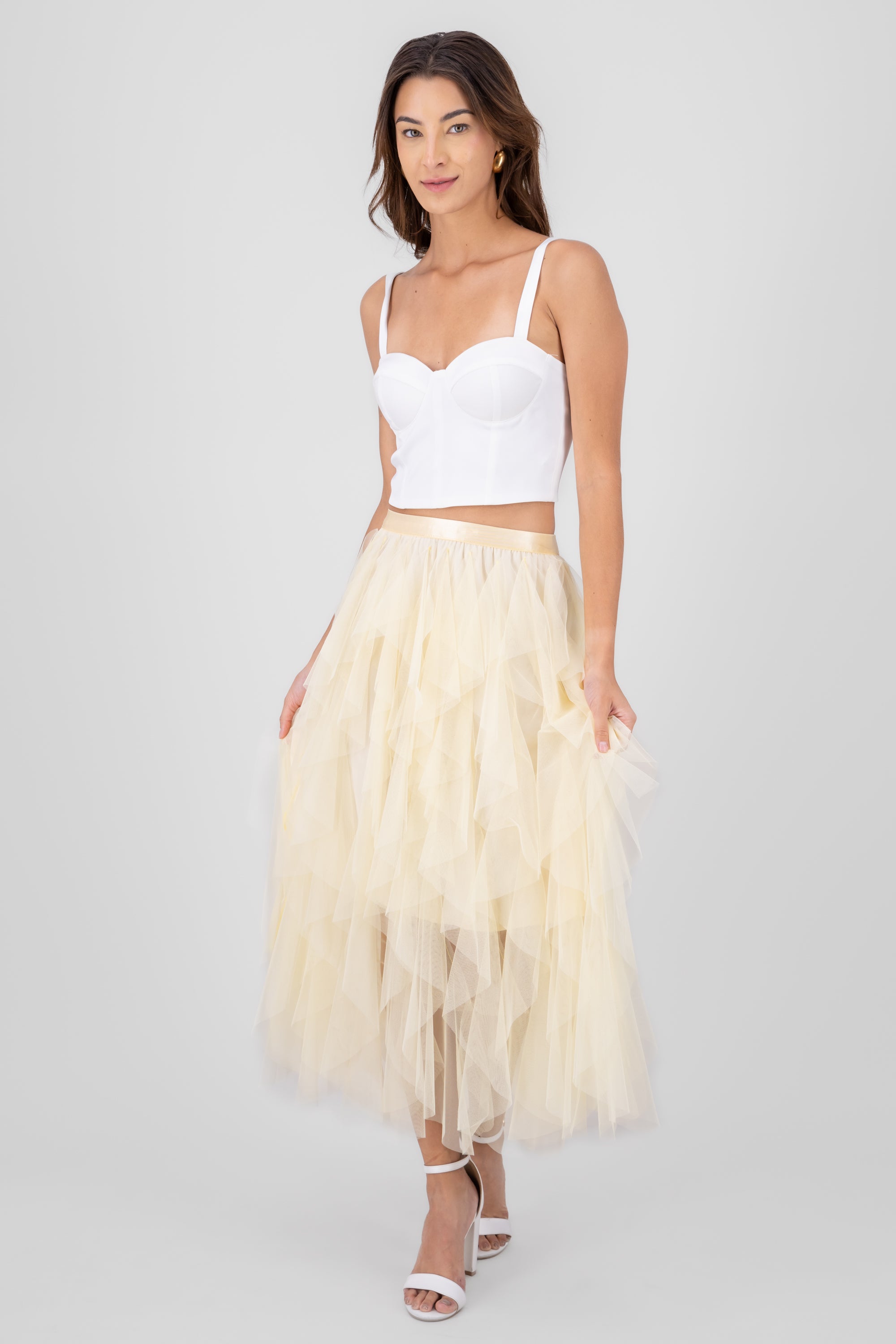 MIDI MESH CASCADA skirt Pastel yellow