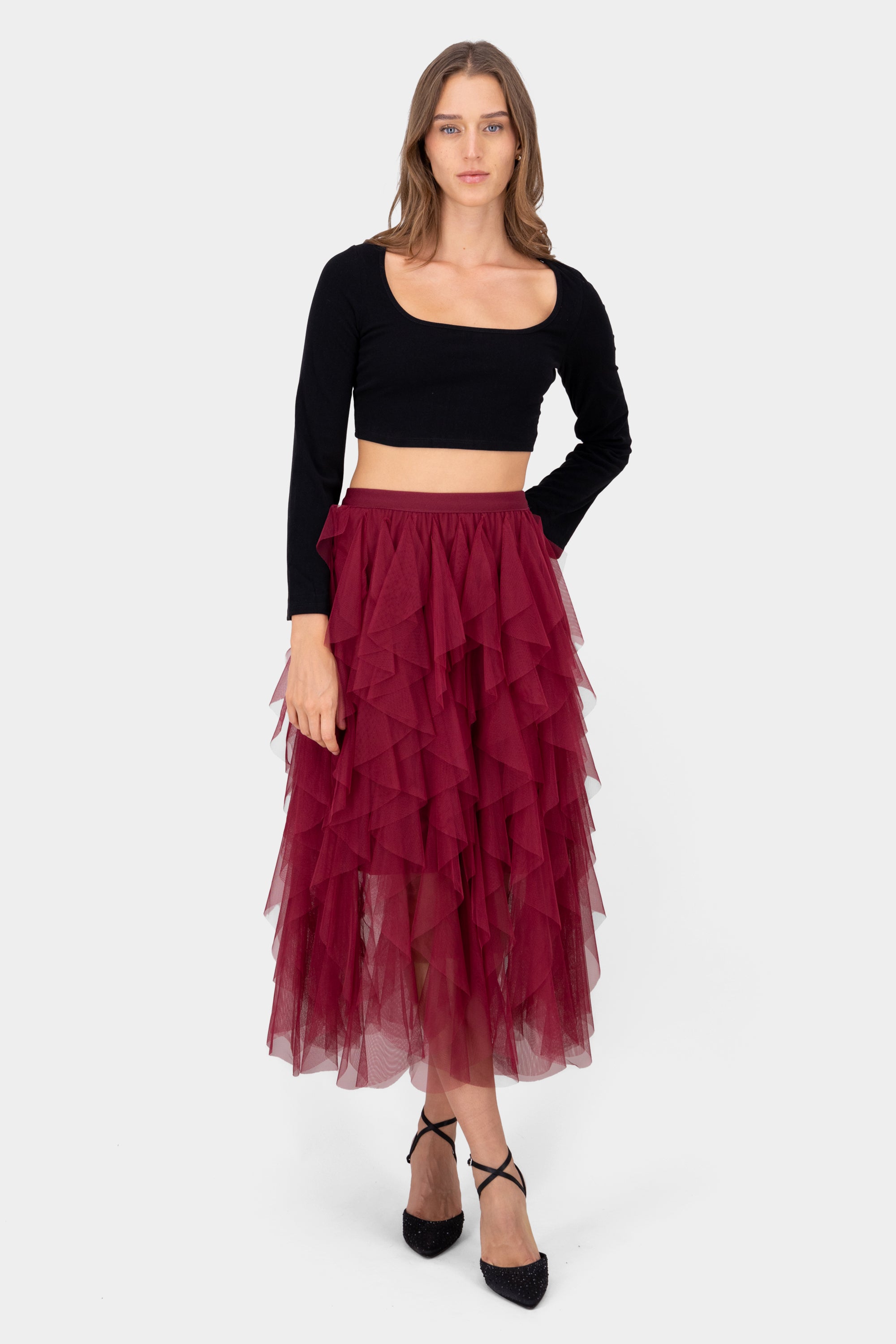 MIDI MESH CASCADA skirt Cherry red