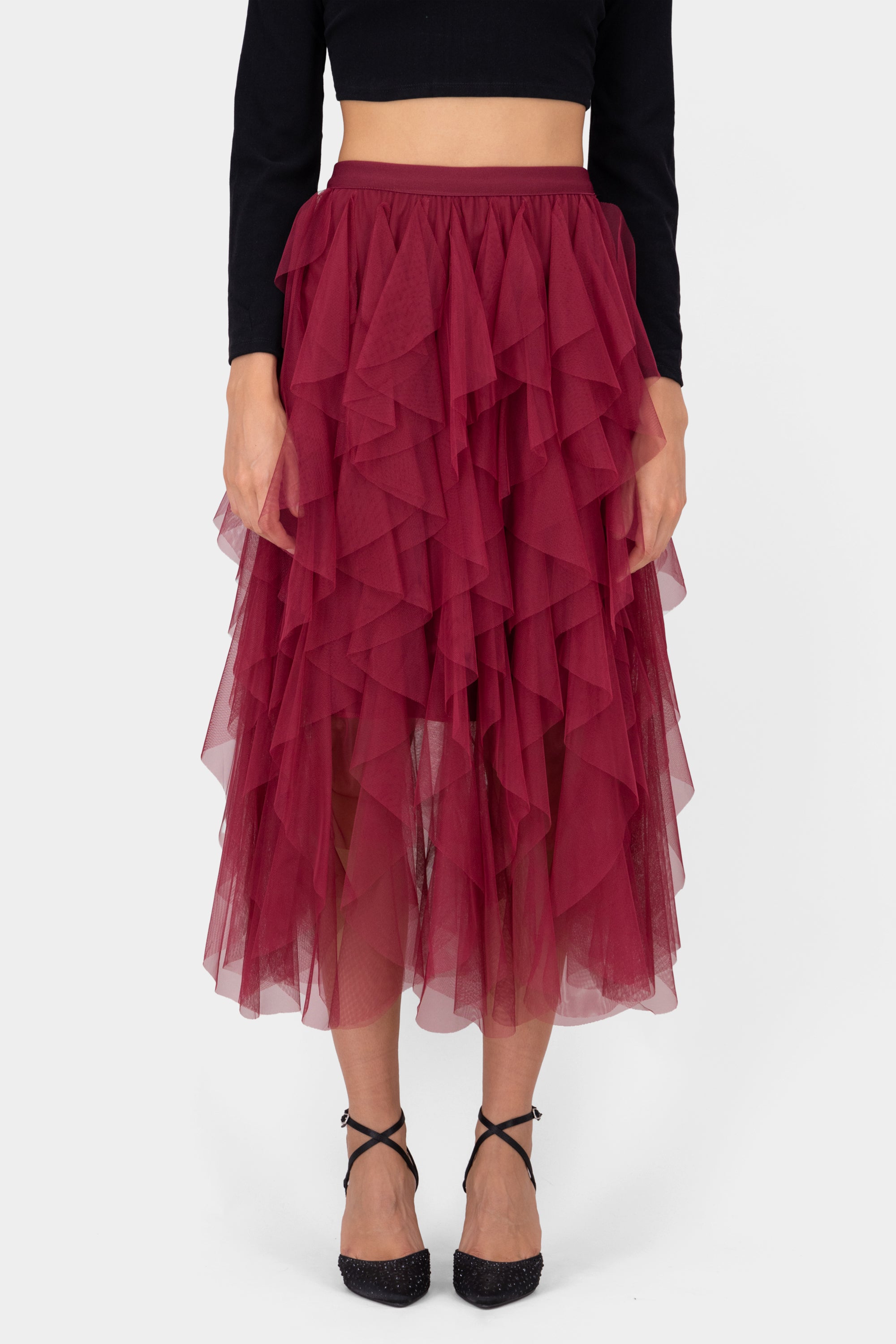 MIDI MESH CASCADA skirt Cherry red