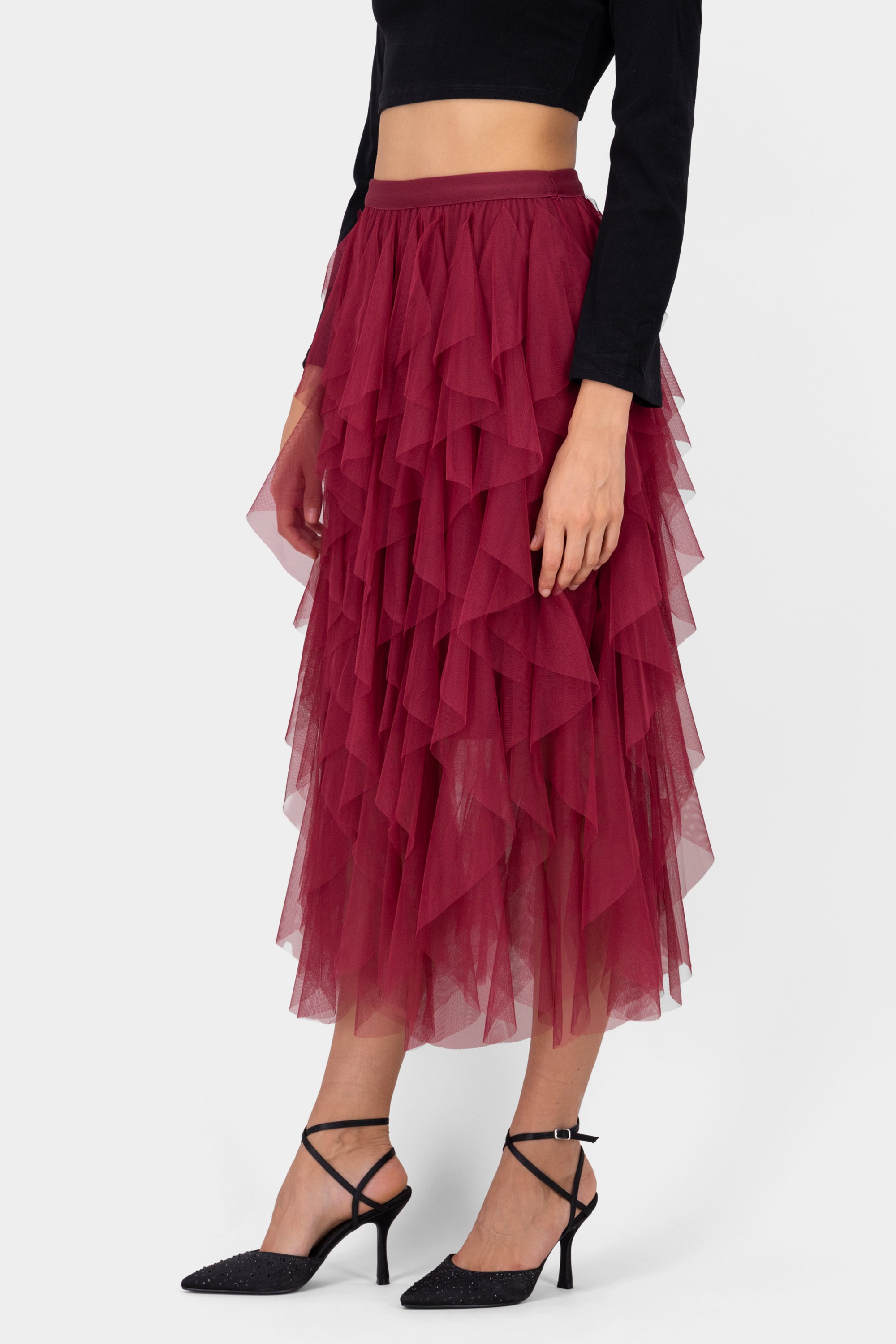 MIDI MESH CASCADA skirt Cherry red