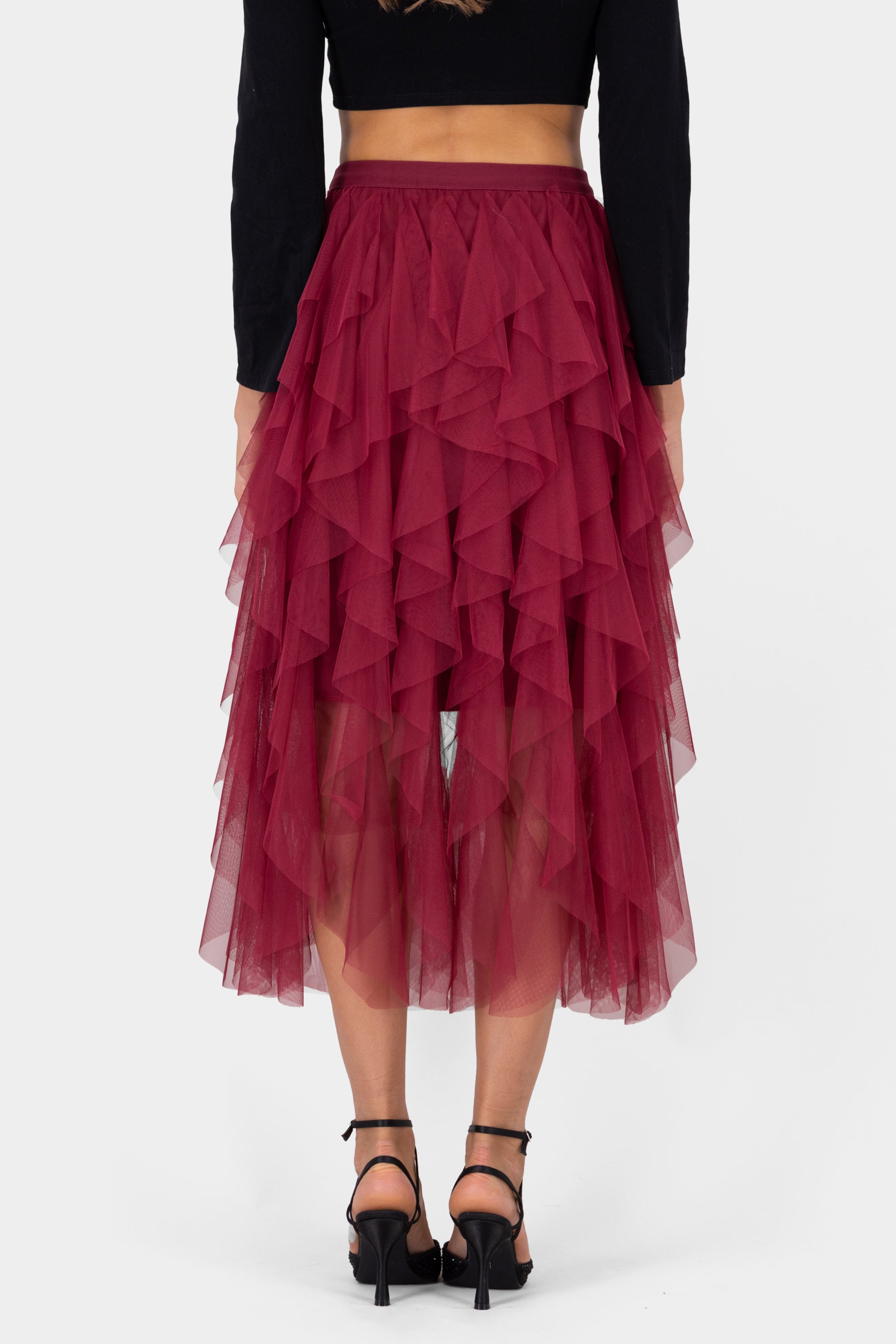 MIDI MESH CASCADA skirt Cherry red