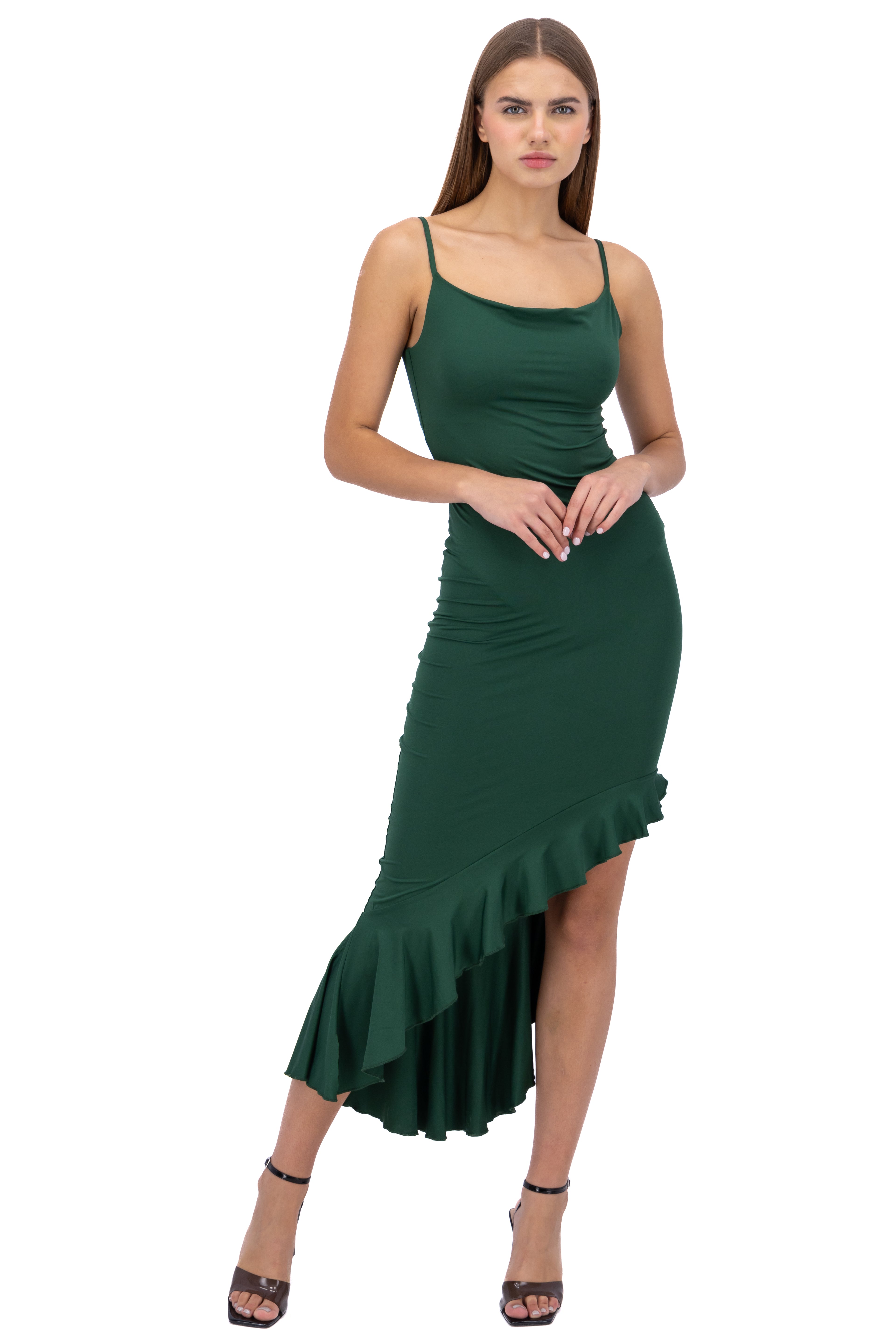 Vestido midi detalle cascada VERDE CAZADOR