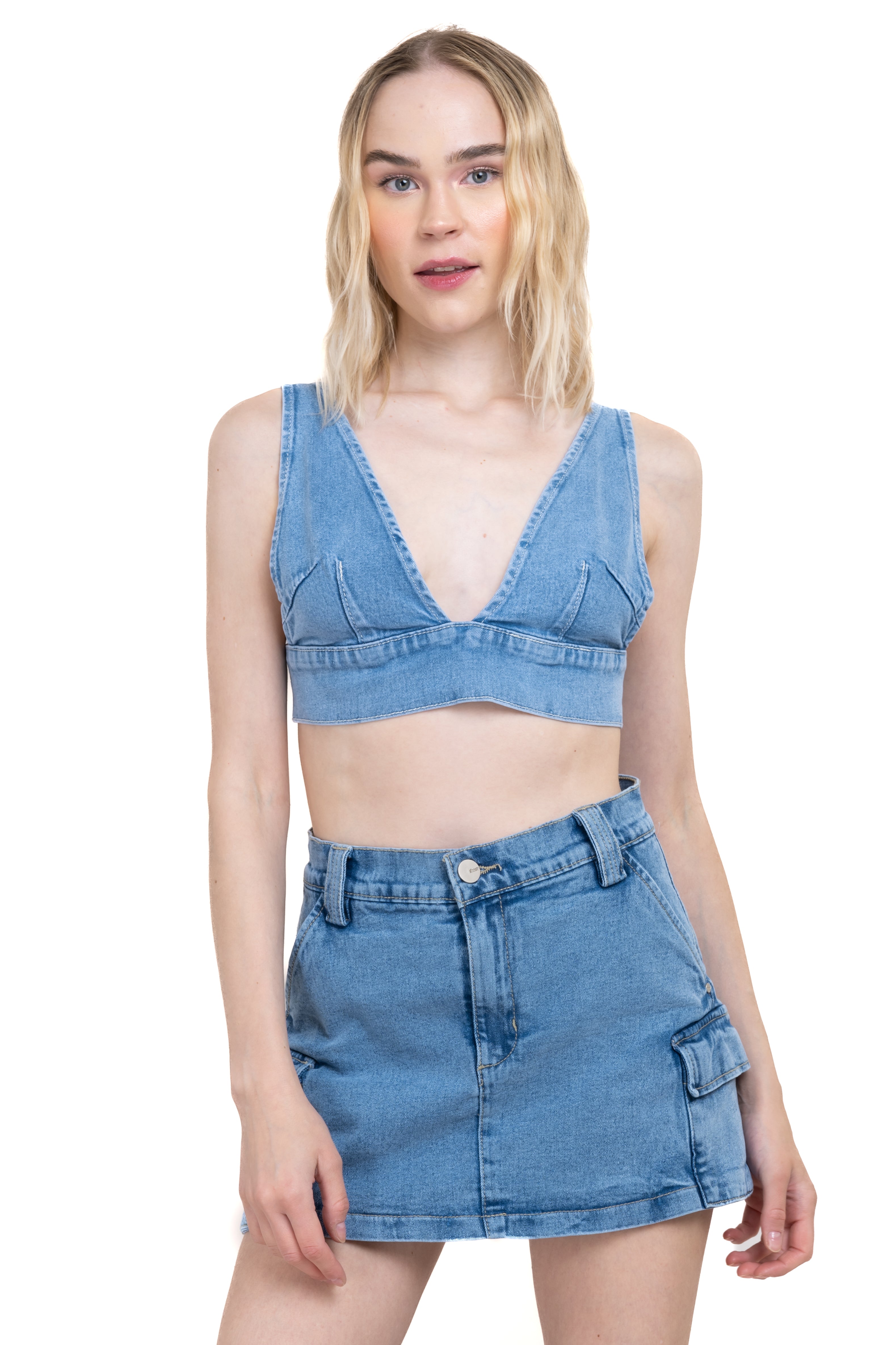 Top Crop Denim Escote V Medium acid