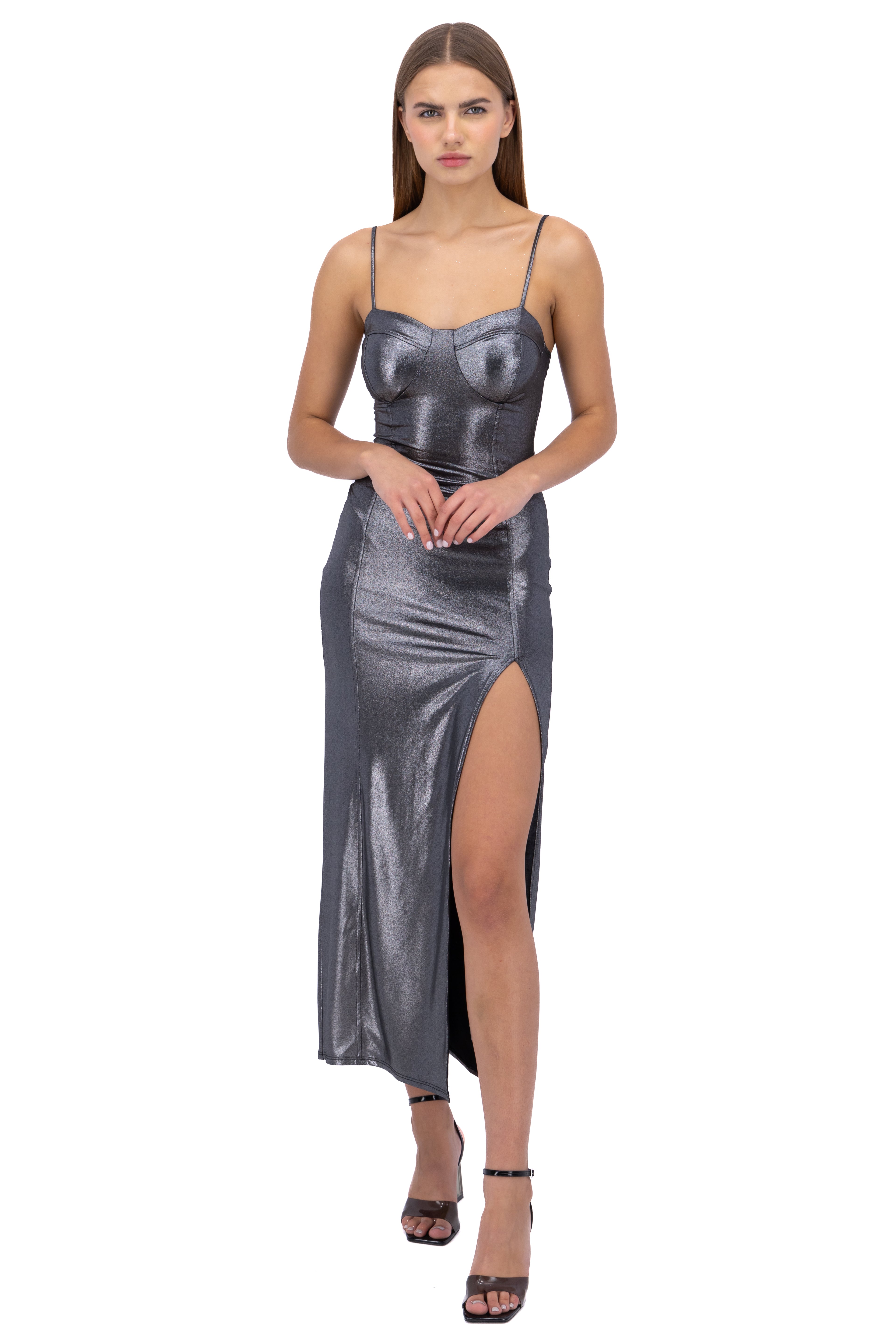 Vestido maxi copas efecto foil deslavado PLATA COMBO