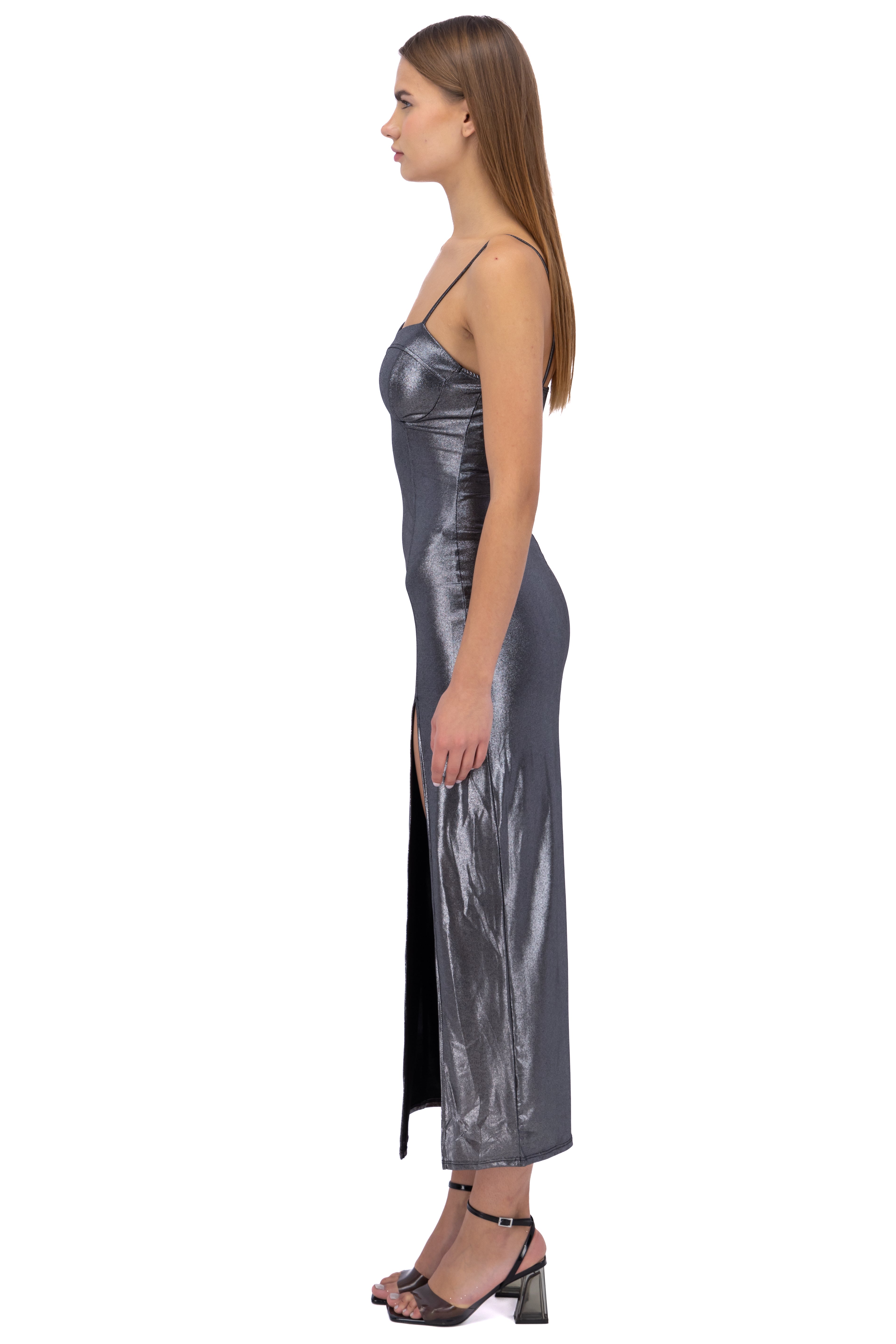 Vestido maxi copas efecto foil deslavado PLATA COMBO