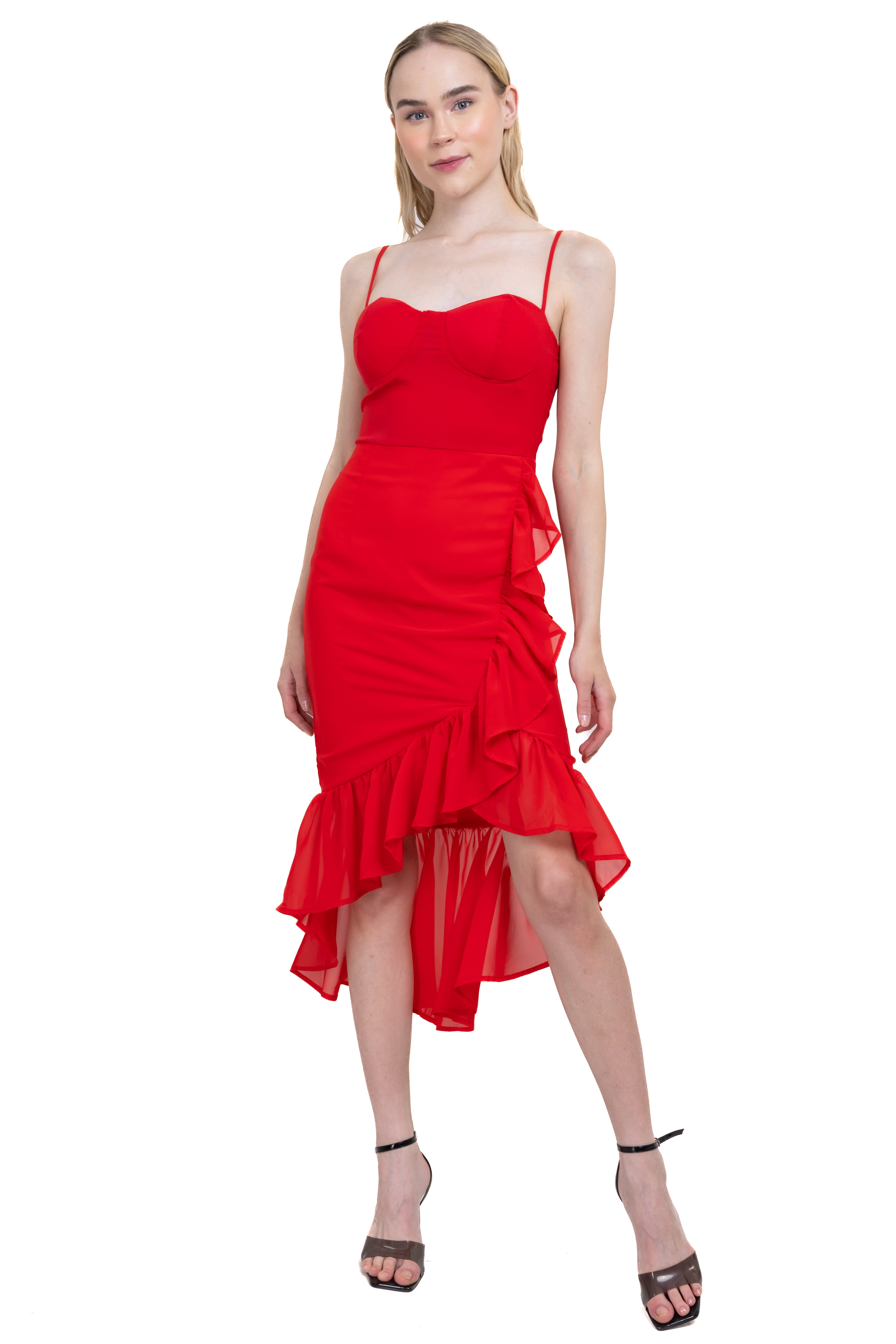 Vestido midi copas olanes ROJO