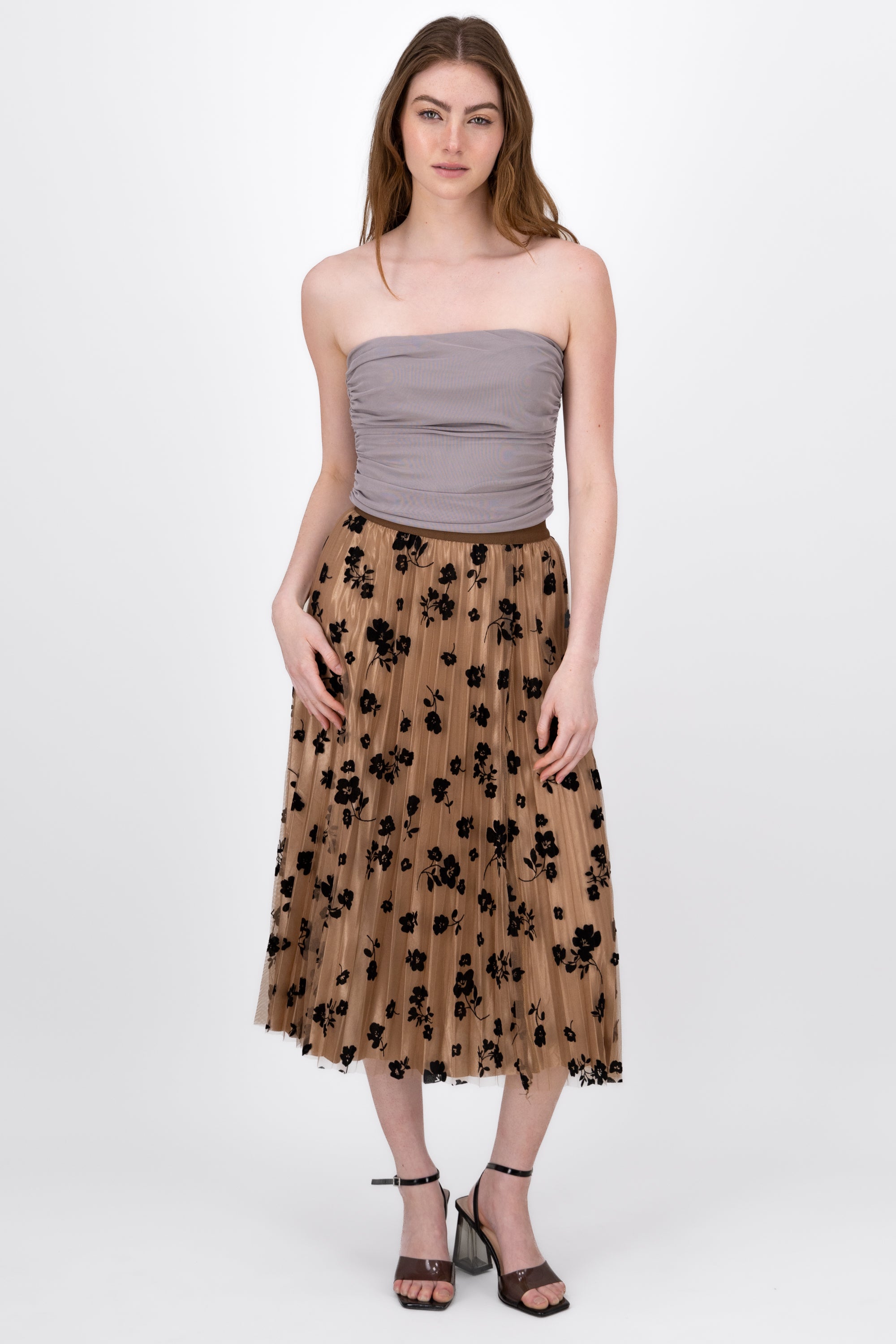 Falda Midi Mesh Flores KHAKI