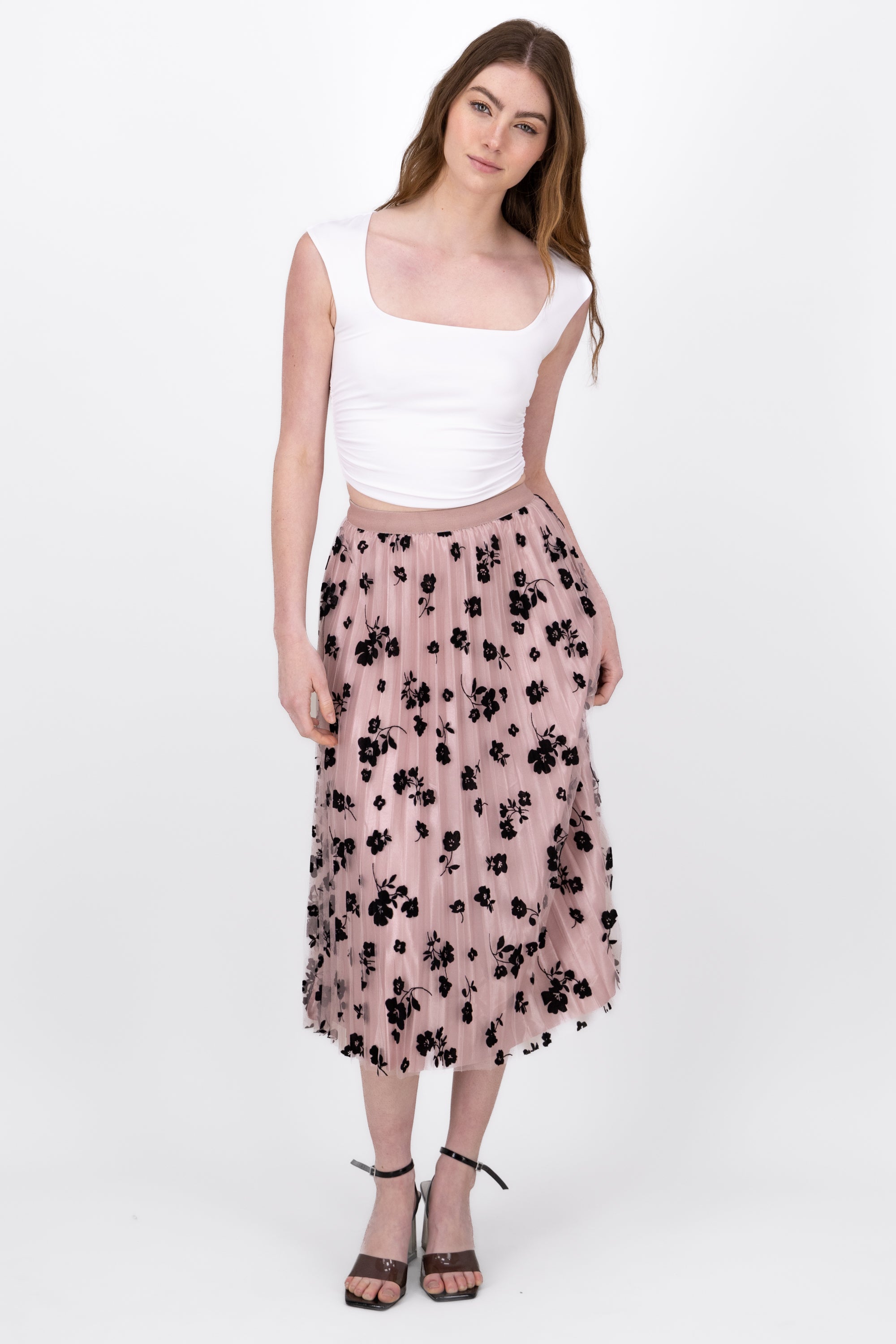 Falda Midi Mesh Flores BLUSH