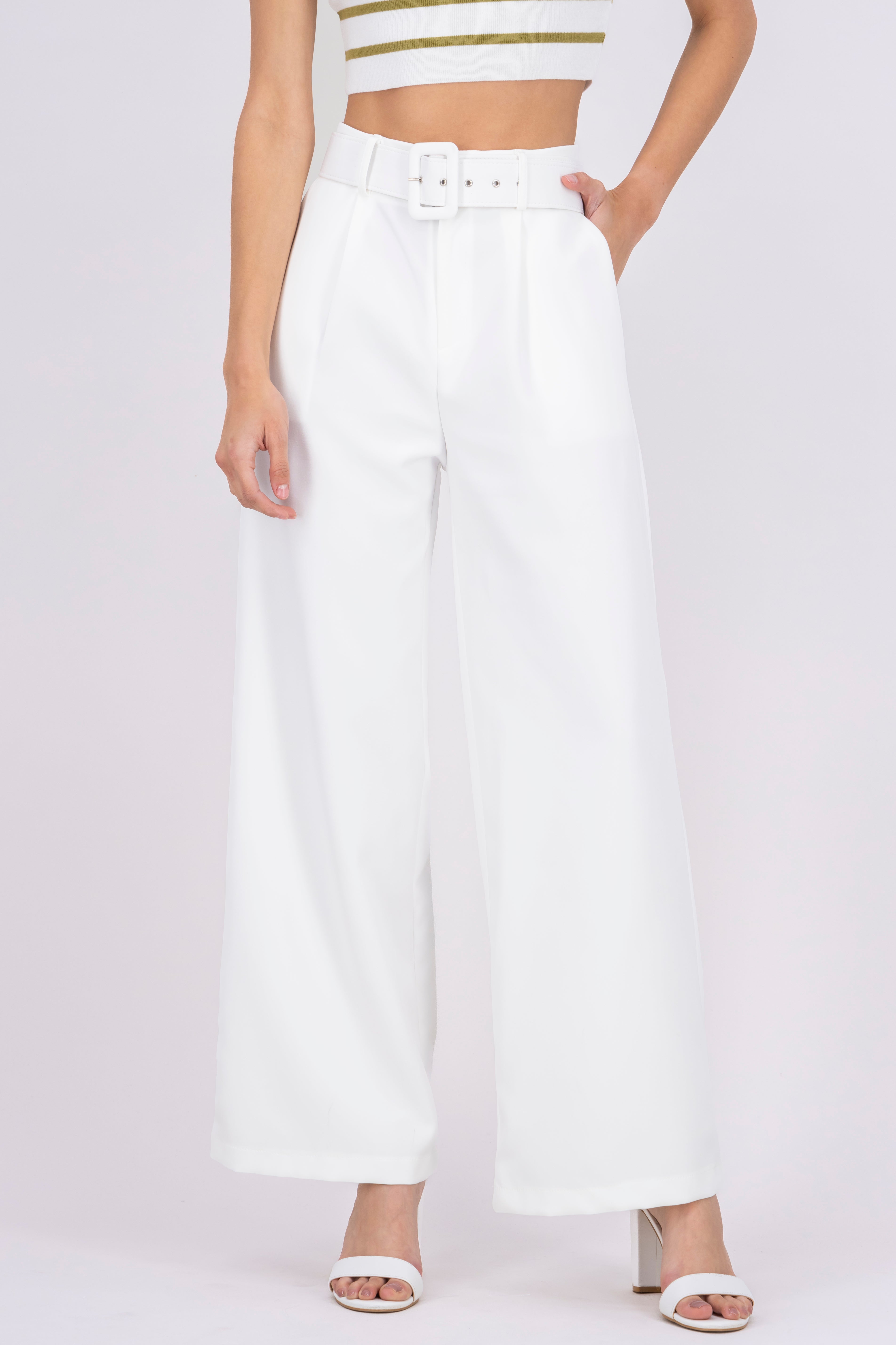 Pantalon Liso Cinturon BLANCO