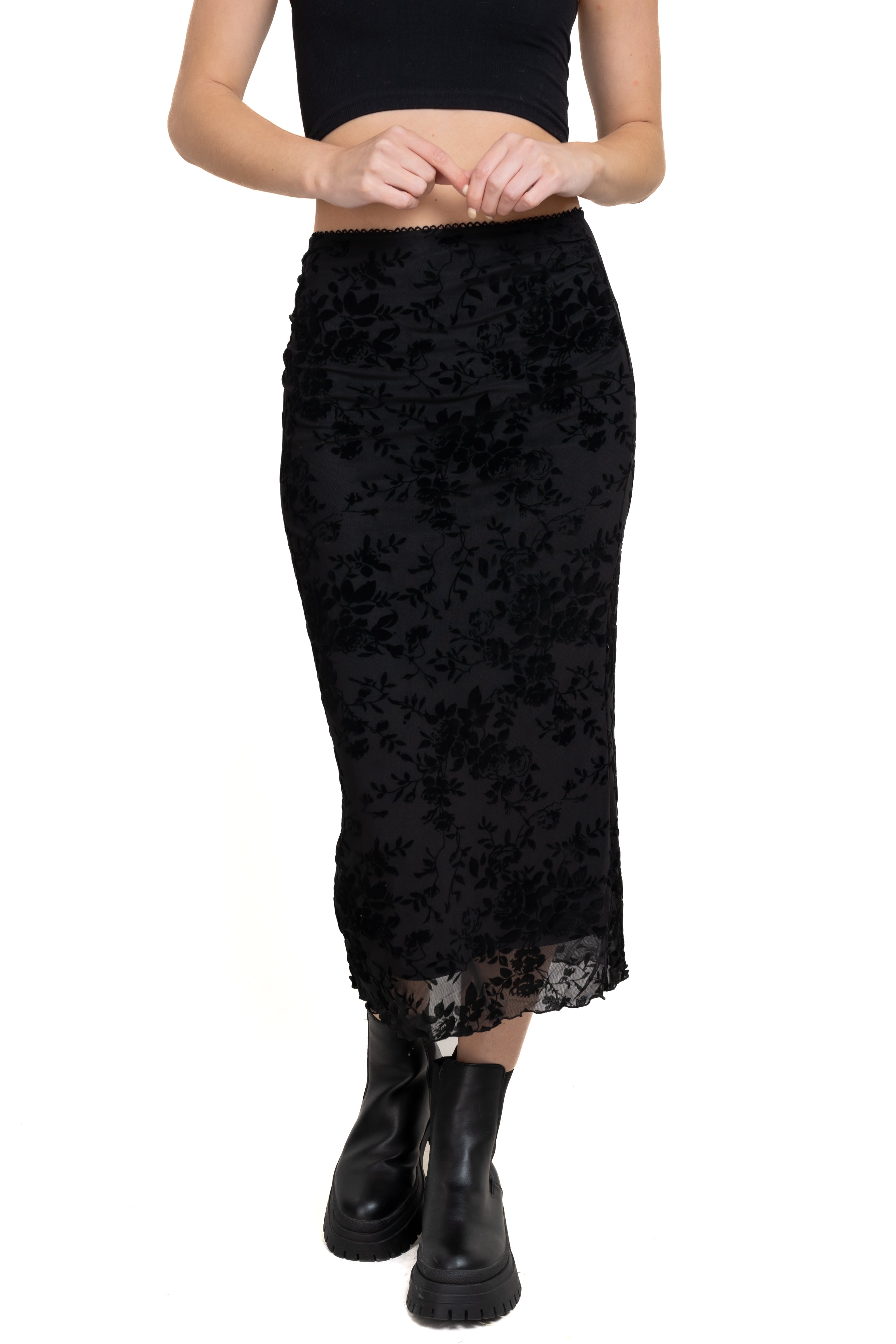 Falda midi mesh flores flock NEGRO