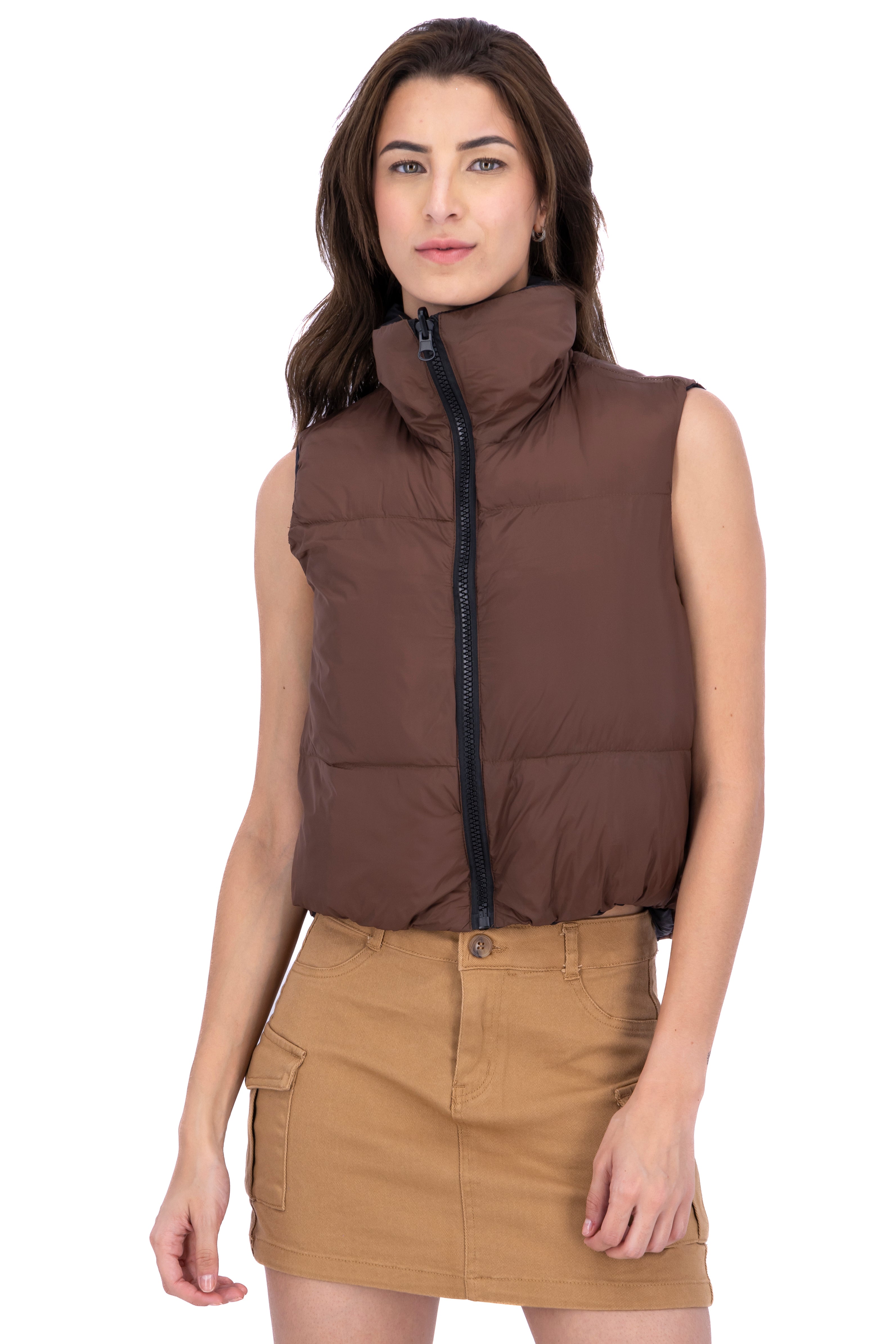 Chaleco puffer crop doble vista CAFE COMBO