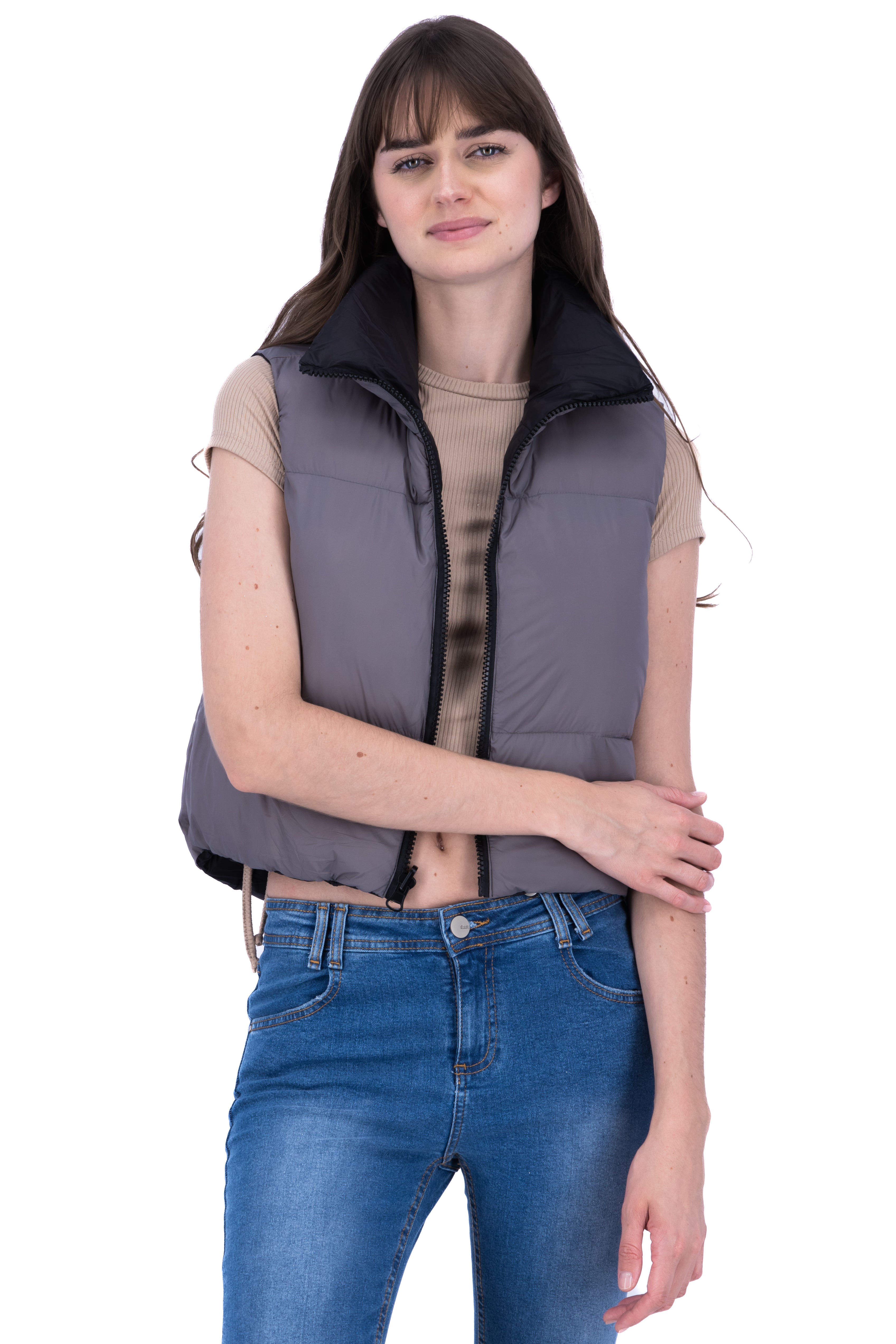 Chaleco puffer crop doble vista GRIS COMBO