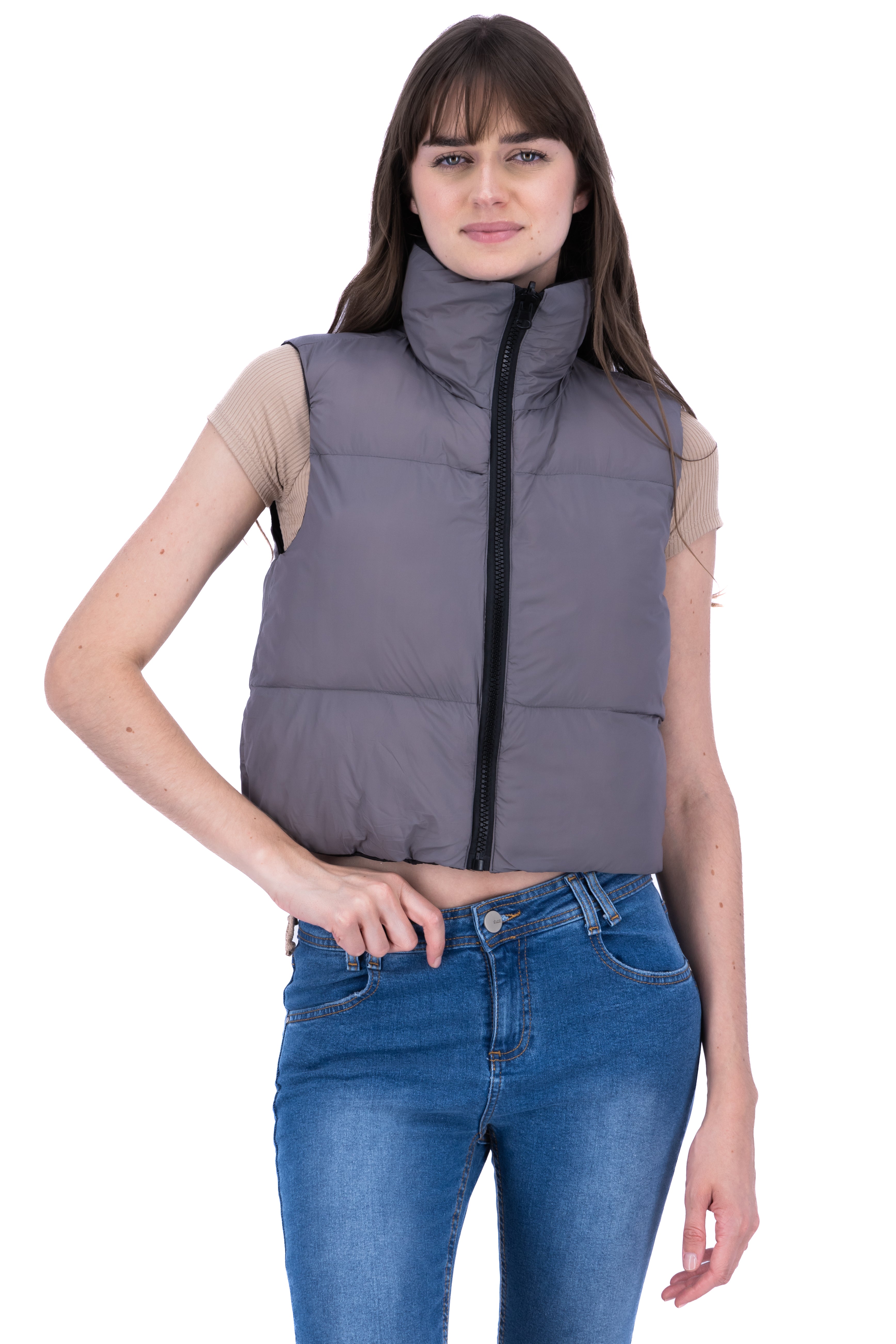 Chaleco puffer crop doble vista GRIS COMBO